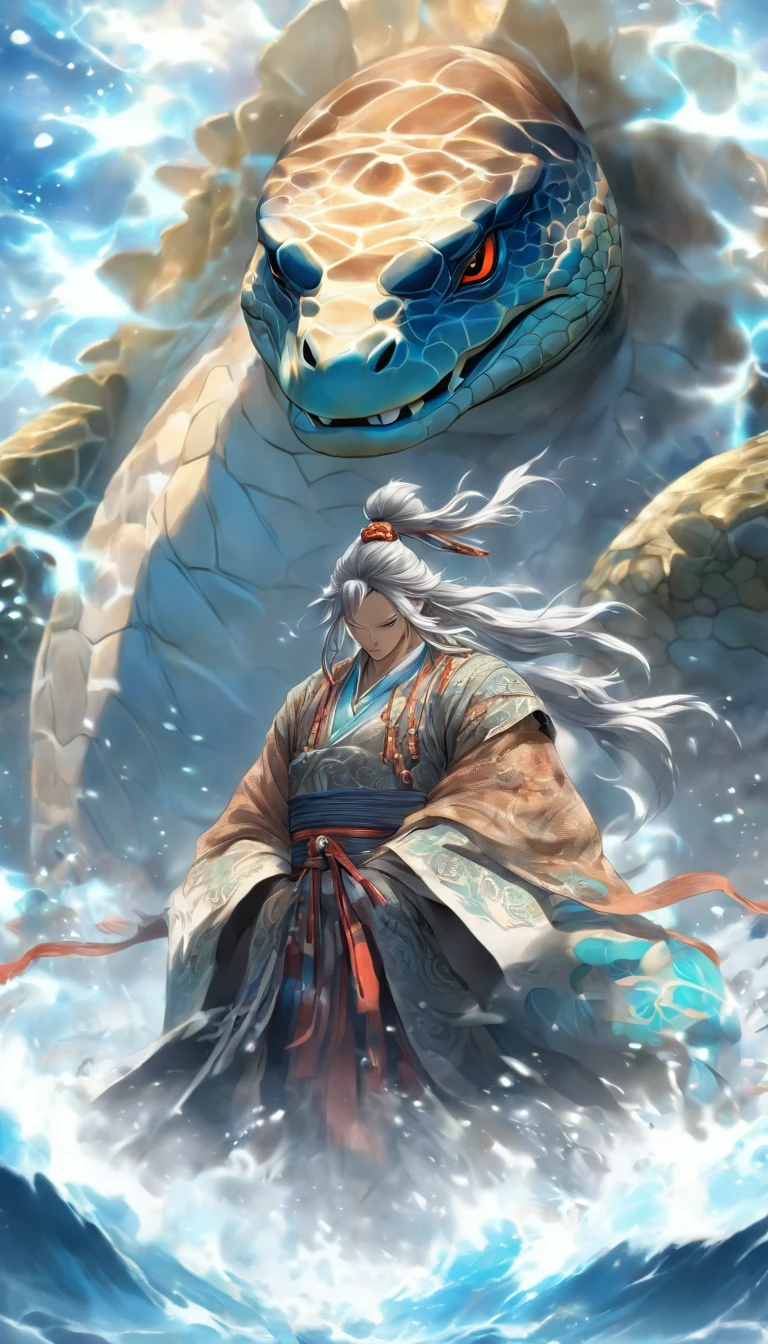 China-style，中景 the scene is，The Taoist priest stood in front of the giant roaring water turtle，Hideous，with thorns，blue colors，Stretch your hands，Long messy hair，Glow effects，Hyper-realistic，Ultra photo realsisim，Chinese black and white ink style，Silver，Decolorization，Smudge，ink，8K，super-fine，high qulity，OC renderer