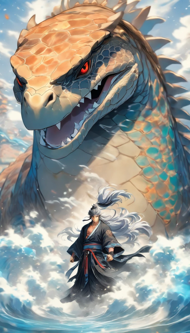 China-style,中景 the scene is,The Taoist priest stood in front of the giant roaring water turtle,Hideous,with thorns,blue colors,Stretch your hands,Long messy hair,Glow effects,Hyper-realistic,Ultra photo realsisim,Chinese black and white ink style,Silver,Decolorization,Smudge,ink,8K,super-fine,high qulity,OC renderer