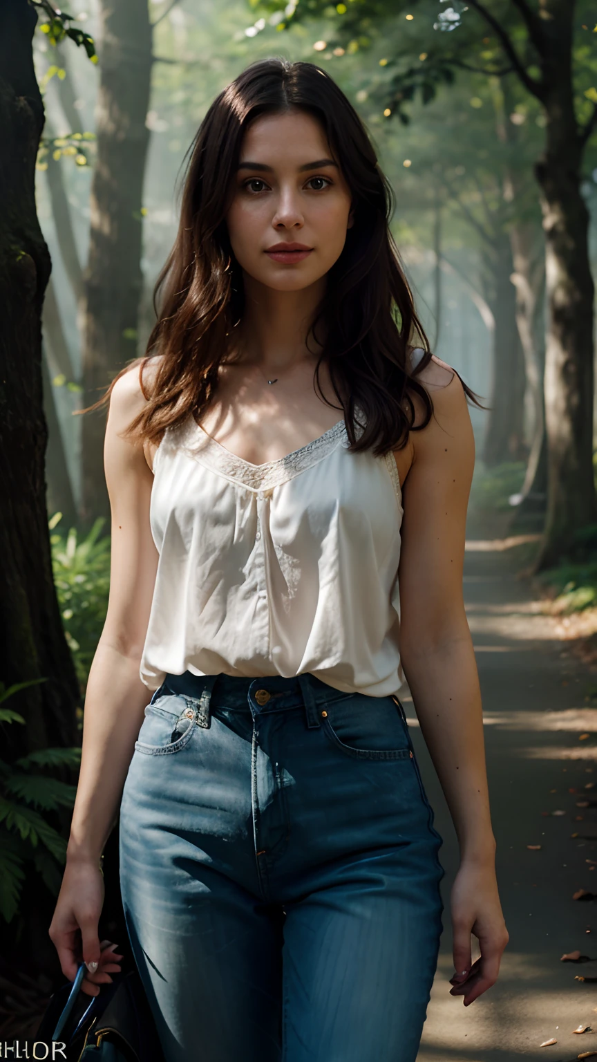 La misma modelo con una top y pantalones cortos ajustados, forest