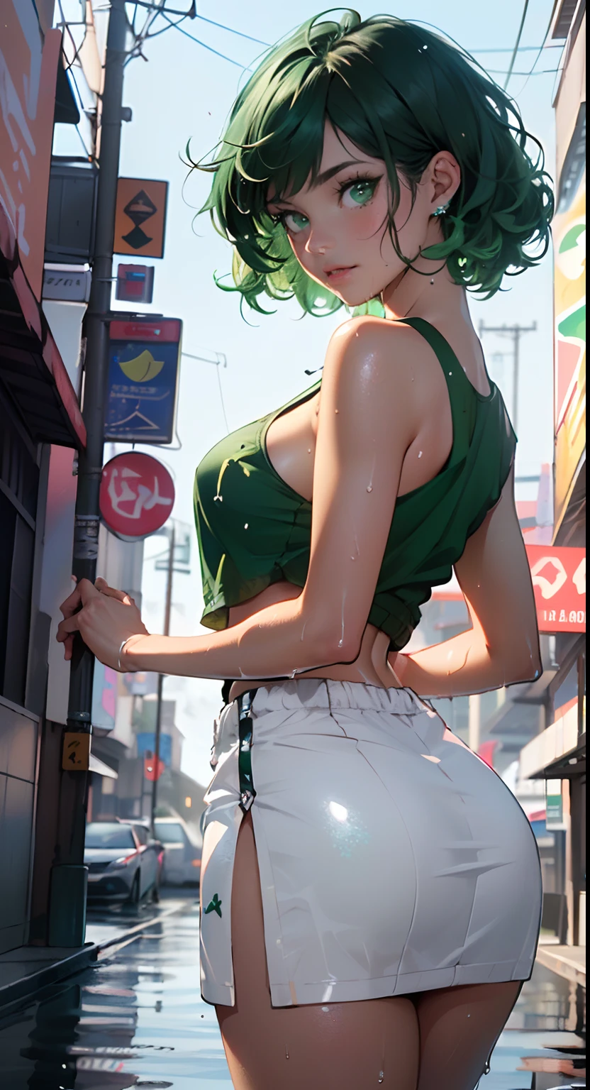 girl youtuber,(((1girl))),((extremely cute and beautiful green curly-haired girl)),
(short breasts:1.4),(((green curly hair:1.35,very curly hair,colored inner hair,ear breathing,short hair))),(((green eyes:1.3))),intricate eyes,beautiful detailed eyes,symmetrical eyes,big eyes:1.3((fat)),(((lustrous skin:1.5,bright skin: 1.5,skin tanned,shiny skin,very shiny skin,shiny body,plastic glitter skin,exaggerated shiny skin,illuminated skin,wet legs))),delicate detailed fingers,detailed body,human hands,(detailed face),
cute,slutty,seductive,erotic,(((nsfw))),
zettai ryouiki,revealing clothing,show skin,((rave mini-skirt,visible thong straps,white loose tank top with an pop art print)),((wet clothes,intricate outfit,intricate clothes)),
(dynamic pose:1.0),embarrassed,(centered,scale to fit dimensions,Rule of thirds),
cyberpunk city by the ocean at night, with bright neon signs and dark stormy clouds and puddles, scenery:1.25,
highres, sharp focus, (ultra detailed, extremely detailed), (photorealistic artwork:1.37),(extremely detailed CG unity 8k wallpaper),((synthwave background theme)),(((vibrant colors))),(intricate background),(masterpiece),(best quality),