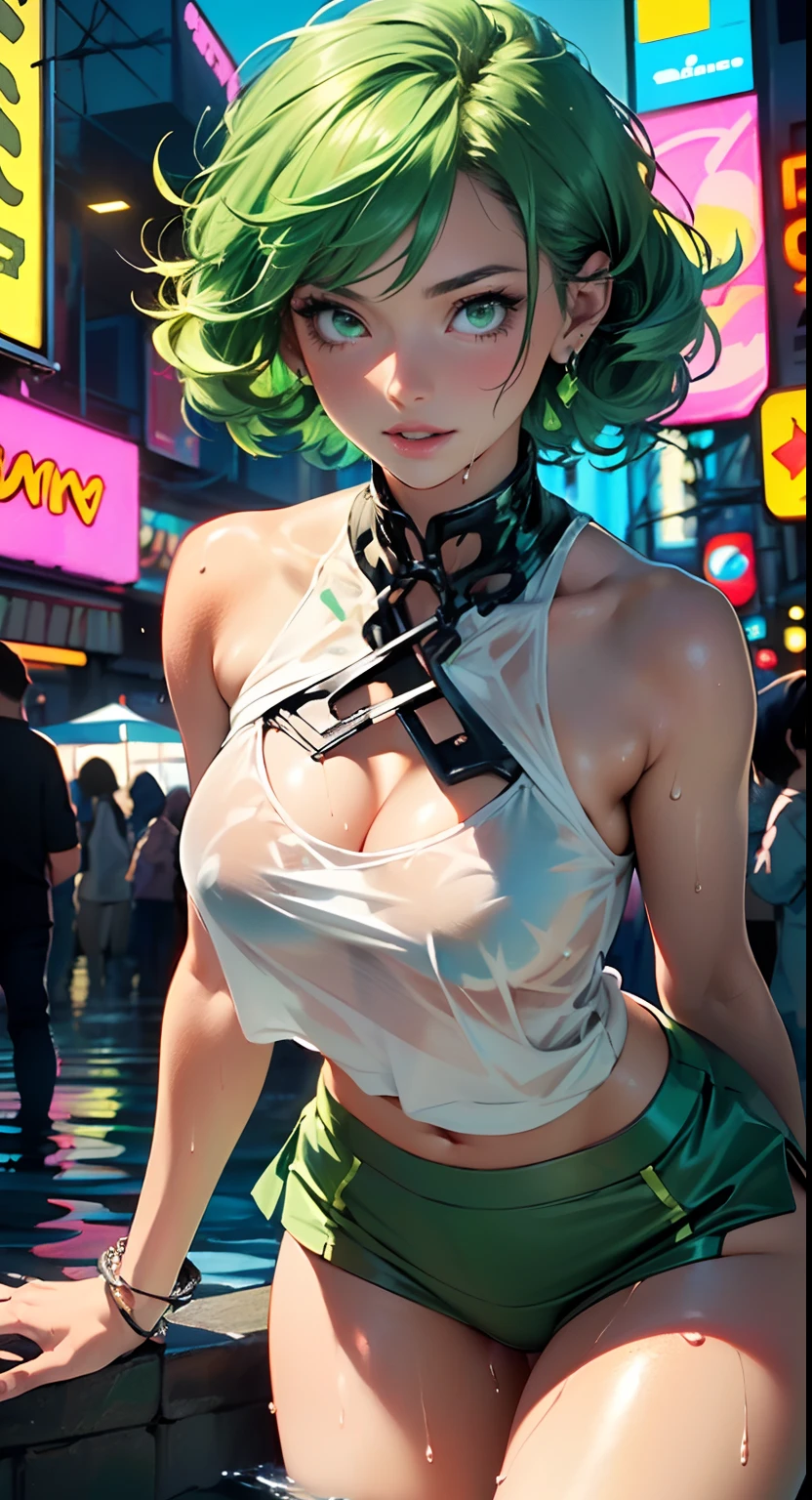 girl youtuber,(((1girl))),((extremely cute and beautiful green curly-haired girl)),
(short breasts:1.4),(((green curly hair:1.35,very curly hair,colored inner hair,ear breathing,short hair))),(((green eyes:1.3))),intricate eyes,beautiful detailed eyes,symmetrical eyes,big eyes:1.3((fat)),(((lustrous skin:1.5,bright skin: 1.5,skin tanned,shiny skin,very shiny skin,shiny body,plastic glitter skin,exaggerated shiny skin,illuminated skin,wet legs))),delicate detailed fingers,detailed body,human hands,(detailed face),
cute,slutty,seductive,erotic,(((nsfw))),
zettai ryouiki,revealing clothing,show skin,((rave mini-skirt,visible thong straps,white loose tank top with an pop art print)),((wet clothes,intricate outfit,intricate clothes)),
(dynamic pose:1.0),embarrassed,(centered,scale to fit dimensions,Rule of thirds),
cyberpunk city by the ocean at night, with bright neon signs and dark stormy clouds and puddles, scenery:1.25,
highres, sharp focus, (ultra detailed, extremely detailed), (photorealistic artwork:1.37),(extremely detailed CG unity 8k wallpaper),((synthwave background theme)),(((vibrant colors))),(intricate background),(masterpiece),(best quality),