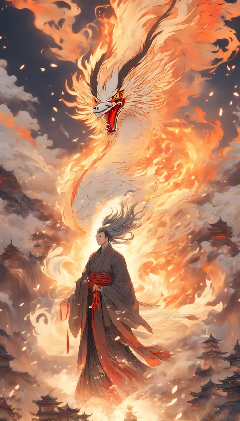 China-style,中景 the scene is,The Taoist priest stood in front of the huge firebird with spread wings,Stretch your hands,Long messy hair,Glow effects,Hyper-realistic,Ultra photo realsisim,Chinese black and white ink style,Silver,Decolorization,Smudge,ink,8K,super-fine,high qulity,(((OC renderer)))