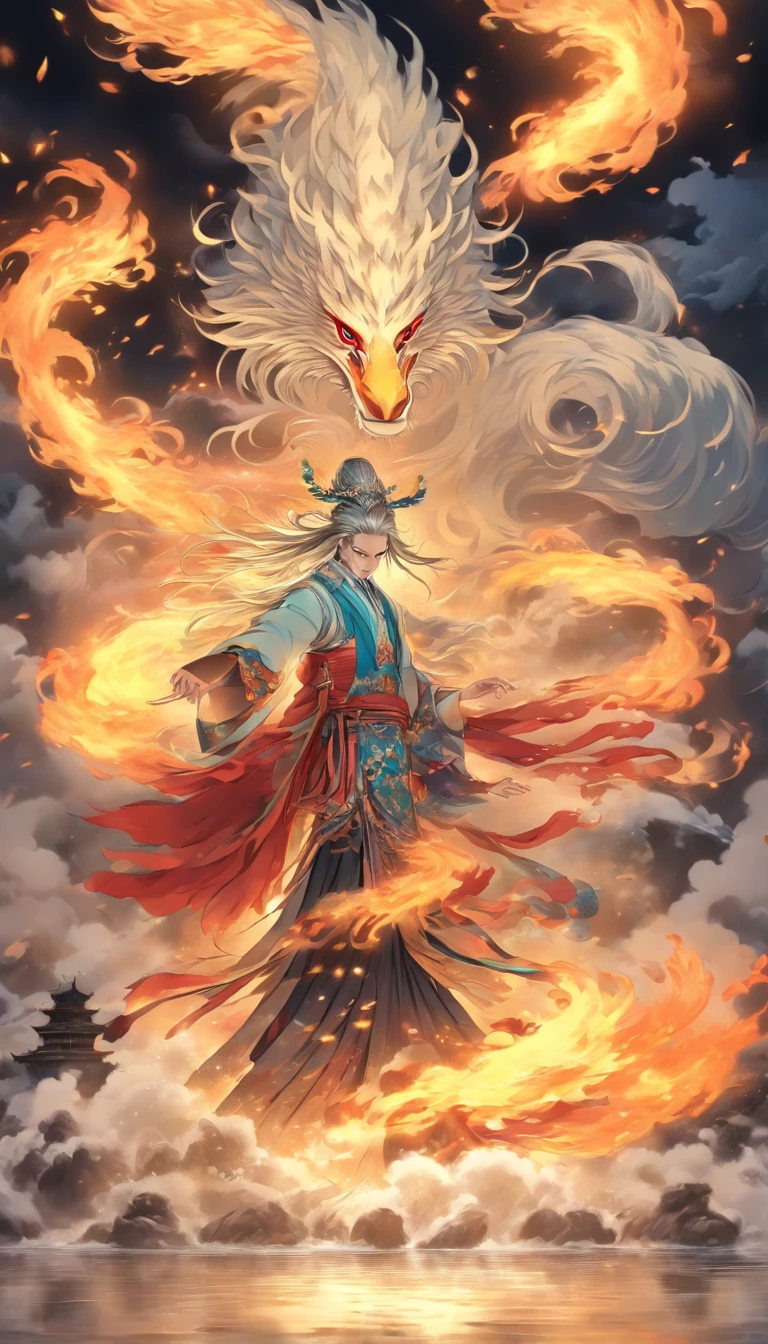 China-style,中景 the scene is,The Taoist priest stood in front of the huge firebird with spread wings,Stretch your hands,Long messy hair,Glow effects,Hyper-realistic,Ultra photo realsisim,Chinese black and white ink style,Silver,Decolorization,Smudge,ink,8K,super-fine,high qulity,(((OC renderer)))