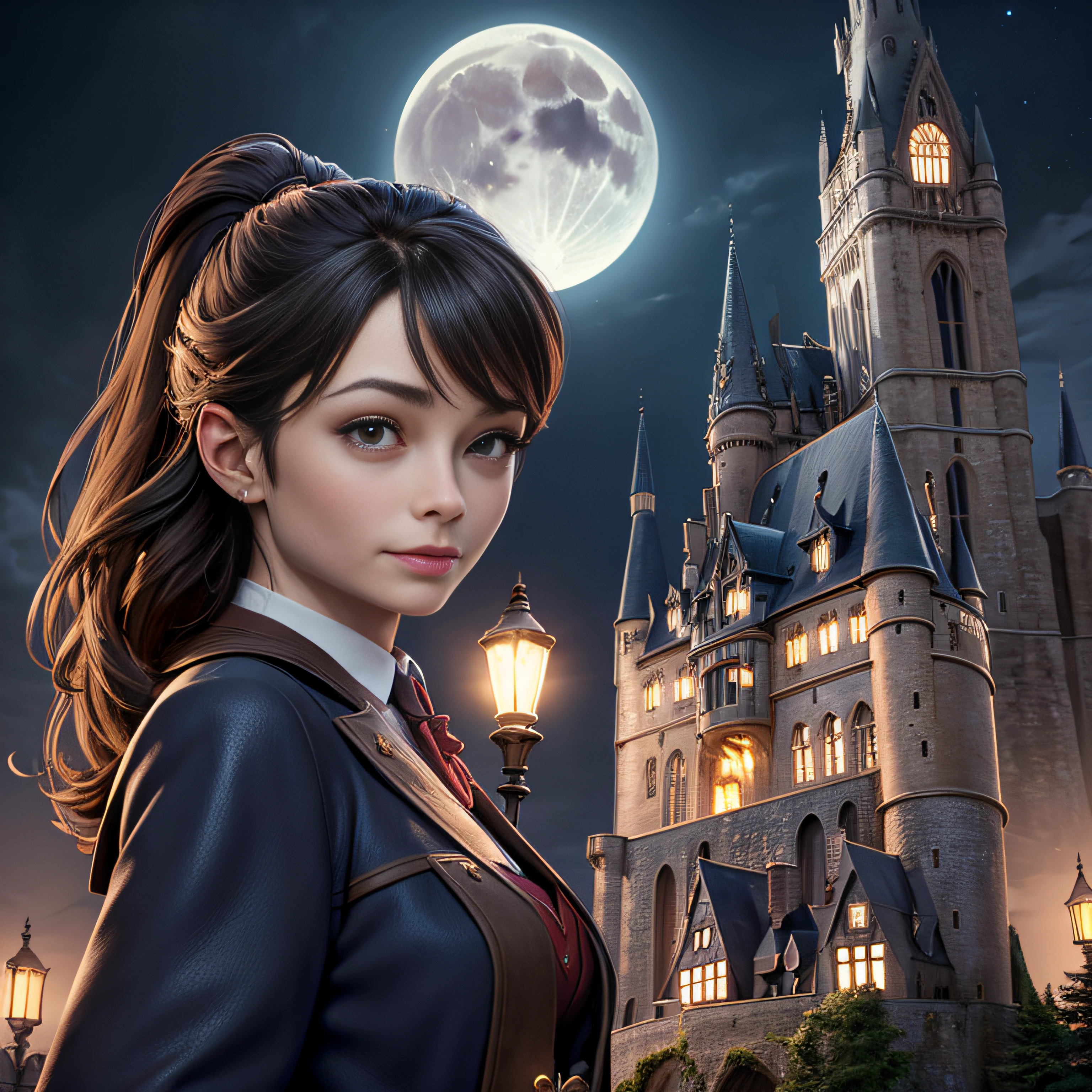 Kristin Kreuk avec Harry Potter (Daniel Radcliffe) devant le chateau de Hogwarts. Elle a de longs cheveux bruns. ponytail. Nuit de pleine lune, Hogwarts Castle in the background. Illuminated by moonlight and lamps in the city. Chef d'oeuvre. golden ratio. highly detailed. very wide shot. Very large plan