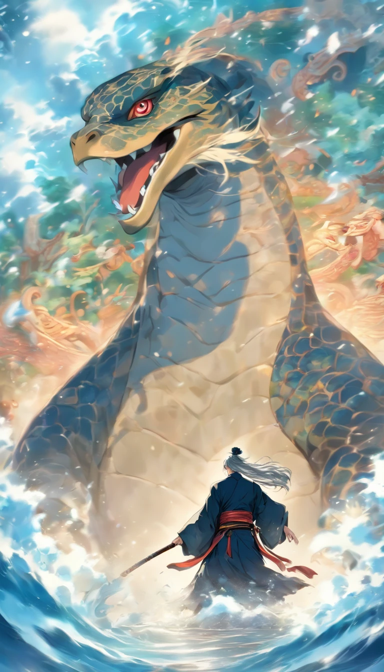 China-style，中景 the scene is，The Taoist priest stood in front of the giant roaring water turtle，Hideous，with thorns，blue colors，Stretch your hands，Long messy hair，Glow effects，Hyper-realistic，Ultra photo realsisim，Chinese black and white ink style，Silver，Decolorization，Smudge，ink，8K，super-fine，high qulity，（（（OC renderer）））