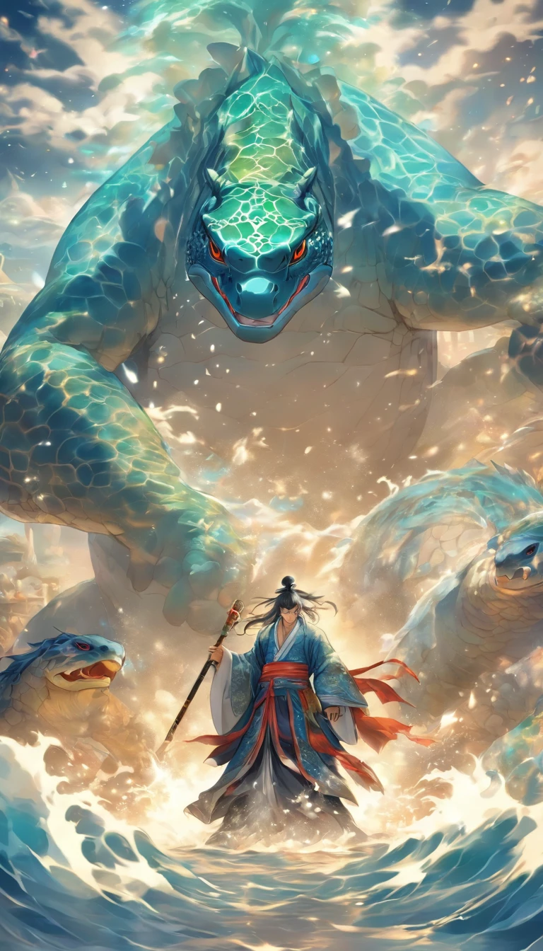 China-style，中景 the scene is，The Taoist priest stood in front of the giant roaring water turtle，Hideous，with thorns，blue colors，Stretch your hands，Long messy hair，Glow effects，Hyper-realistic，Ultra photo realsisim，Chinese black and white ink style，Silver，Decolorization，Smudge，ink，8K，super-fine，high qulity，（（（OC renderer）））