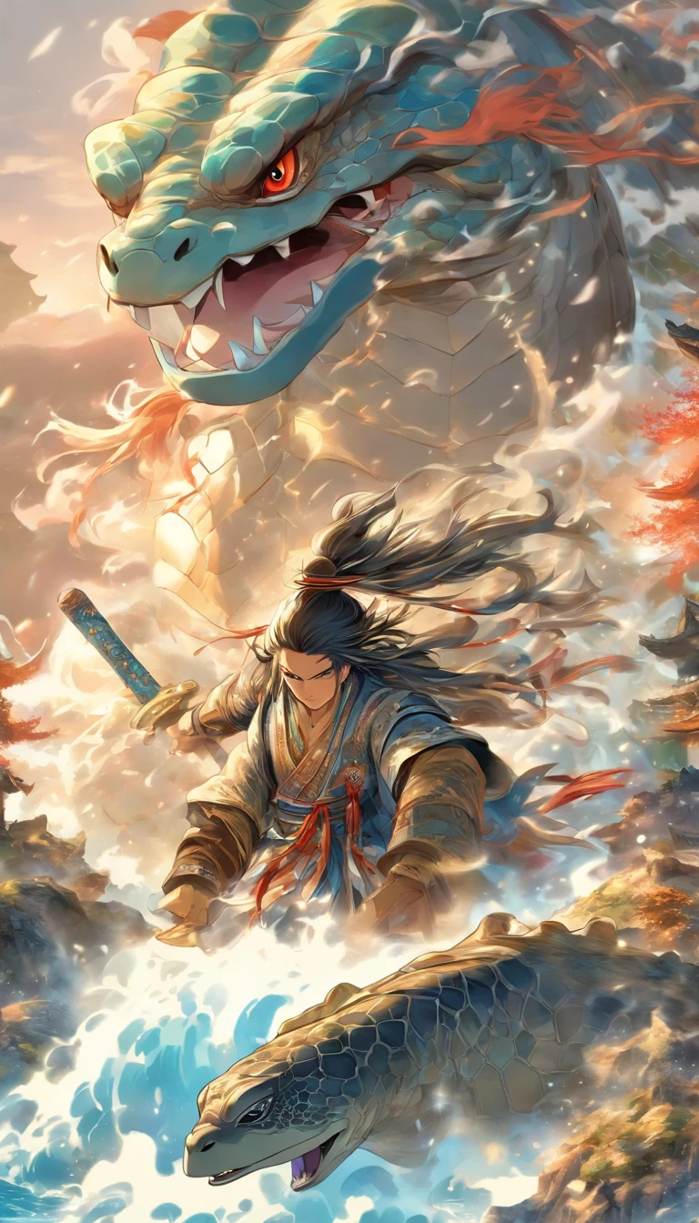 China-style,中景 the scene is,The Taoist priest stood in front of the giant roaring water turtle,Hideous,with thorns,blue colors,Stretch your hands,Long messy hair,Glow effects,Hyper-realistic,Ultra photo realsisim,Chinese black and white ink style,Silver,Decolorization,Smudge,ink,8K,super-fine,high qulity,(((OC renderer)))