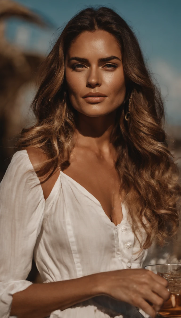 uma mulher loira bonita com cabelo cacheado, olhos azuis, pele bronzeada, in summer clothes, em um bar, corpo inteiro