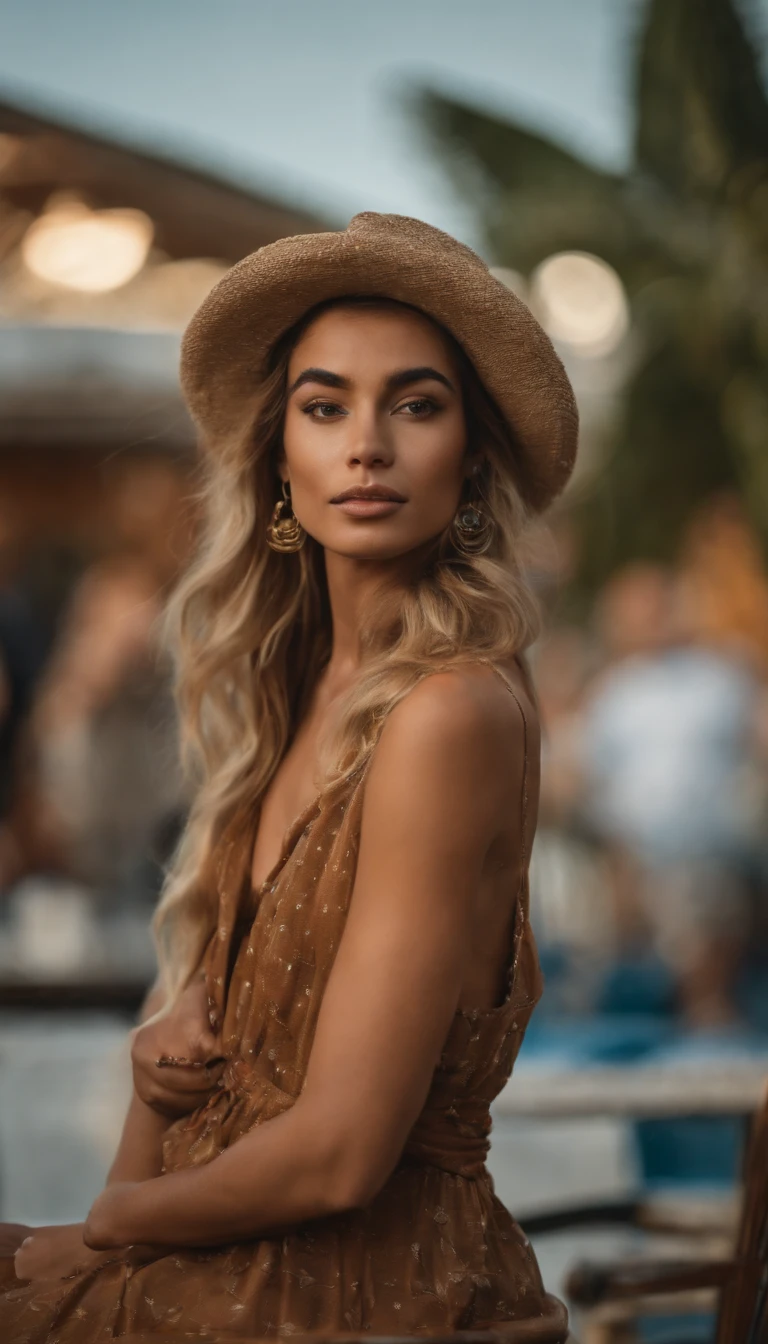 uma mulher loira bonita com cabelo cacheado, olhos azuis, pele bronzeada, in summer clothes, em um bar, corpo inteiro