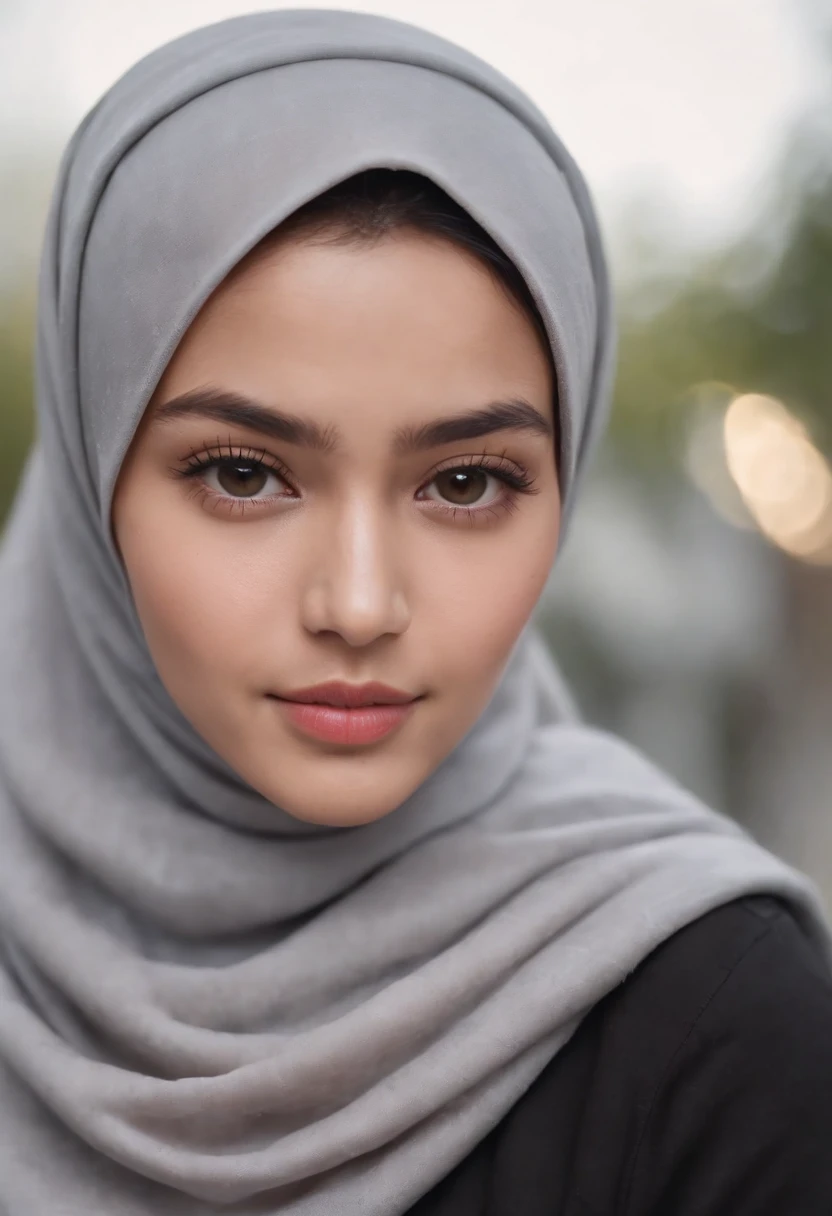 Photo portrait of a beautiful Bandung girl wearing a hijab and dimples, around 17 years old, (plain grey hijab), (portrait medium shot:1.3), dramatic light, Rembrandt lighting scheme, (hyperrealism:1.2), (8K UHD: 1.2), ( photorealistic:1.2), shot with Canon EOS 5D Mark IV, facial detail, skin texture detail. sitting on the car