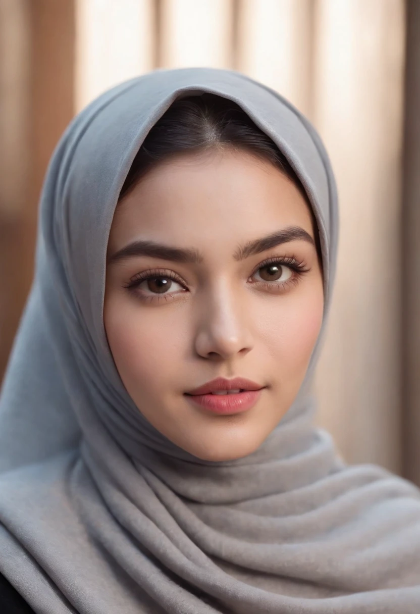 Photo portrait of a beautiful Bandung girl wearing a hijab and dimples, around 17 years old, (plain grey hijab), (portrait medium shot:1.3), dramatic light, Rembrandt lighting scheme, (hyperrealism:1.2), (8K UHD: 1.2), ( photorealistic:1.2), shot with Canon EOS 5D Mark IV, facial detail, skin texture detail. sitting on the car