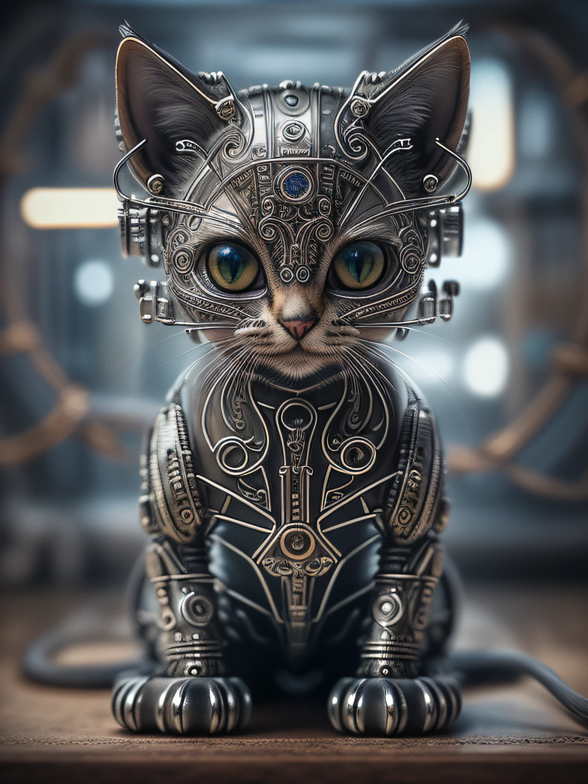 a cute kitten made out of metal，(Cyborg:1.1)，([Tail | detailed wire]:1.3)，(Complicated details)，hdr，(Complicated details，ultra - detailed:1.2)，Cinema lenses，Vignette，at centre，Macro lens, Cyborg, Cyberpunk Style, ((Intricate details)), hdr, ((Intricate details, ultra - detailed)), cinema shot, Vignette, Perfect (((Gorgeous face))), Highly detailed, iintricate