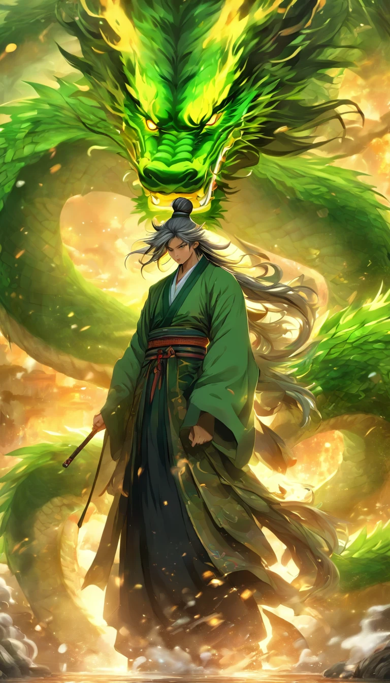 China-style，中景 the scene is，The Taoist priest stood in front of the huge green dragon，Stretch your hands，Long messy hair，Glow effects，Hyper-realistic，Ultra photo realsisim，Chinese black and white ink style，Silver，Decolorization，Smudge，ink，8K，super-fine，high qulity，OC renderer