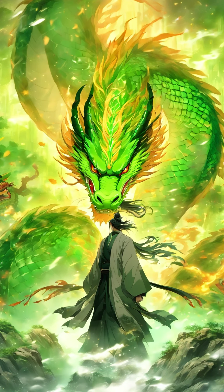 China-style,中景 the scene is,The Taoist priest stood in front of the huge green dragon,Stretch your hands,Long messy hair,Glow effects,Hyper-realistic,Ultra photo realsisim,Chinese black and white ink style,Silver,Decolorization,Smudge,ink,8K,super-fine,high qulity,OC renderer
