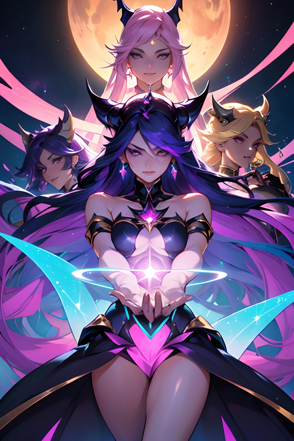 A group of 3 magical girl villains, Corrupted Star Guardians Style (star guardian syndra prestige style) com cabelos de cores vibrantes e roupas pretas, Golden and holographic in a neon maze with a craced saturn in sky in the background, detailed hands, poses dinamicas, jovens sexy, cabelos volumosos, Mean expressions, rostos perfeitos, perfect hands, rostos detalhados