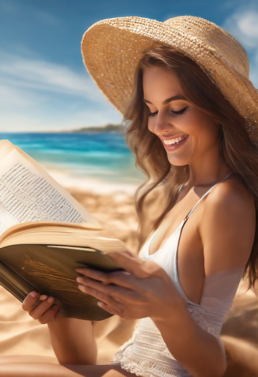1girl, anxious, reading the bible, upper body, bikini, smiling, , realistic, beach
