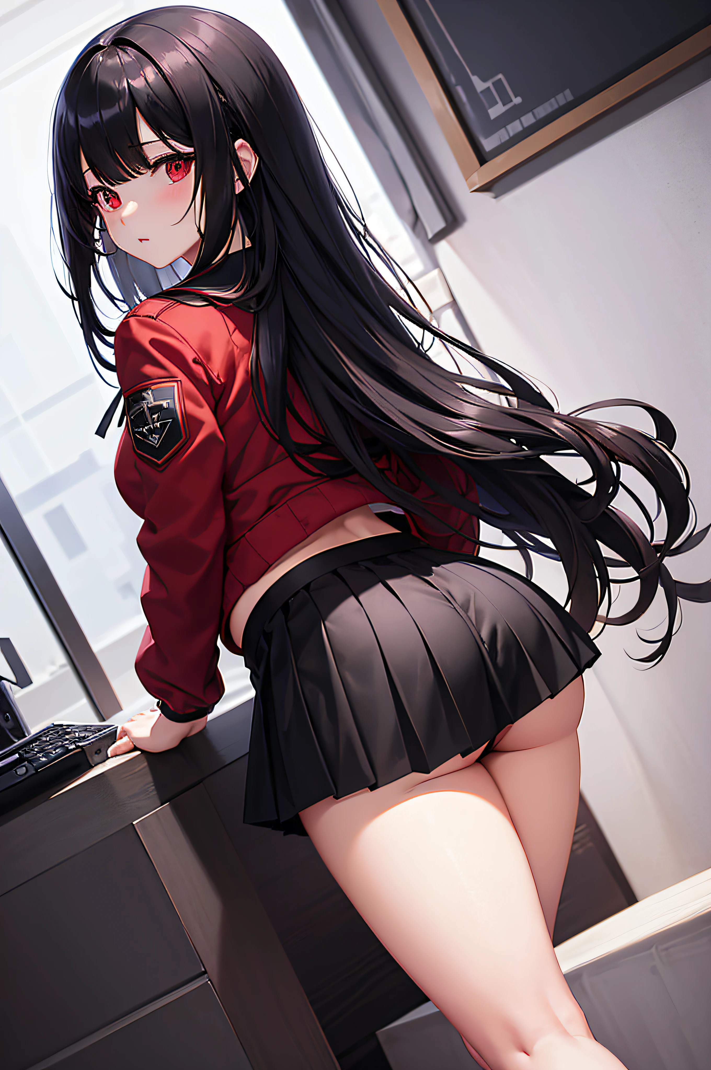 hmjy1, long hair, blunt bangs, red eyes, school uniform, red jacket, black pantyhose, white shirt, black ribbon, pleated skirt, long sleeves, beautiful illustration、topquality, Show white panties, big hips, big ass, tetas grandes, Milf, naked ass