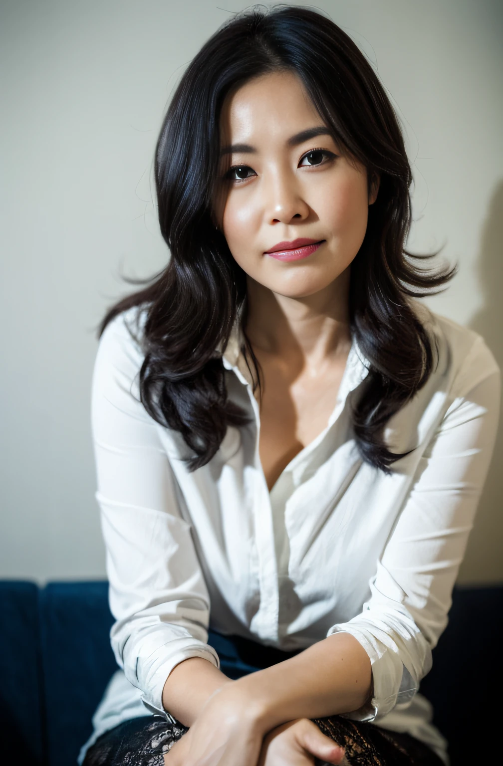 ((Best quality, 8K, Masterpiece, Portrait: 1.3)), (View viewers), Photorealism, Sharp focus, Solo, The Moro Islamic Liberation Front of Japan, Beauty, 28 years old, Curly hair, wrinkles around the eyes,Wrinkled eyes, Large full breasts，Pink shirt,White skirt,Black pantyhose,, office room, Office desk,