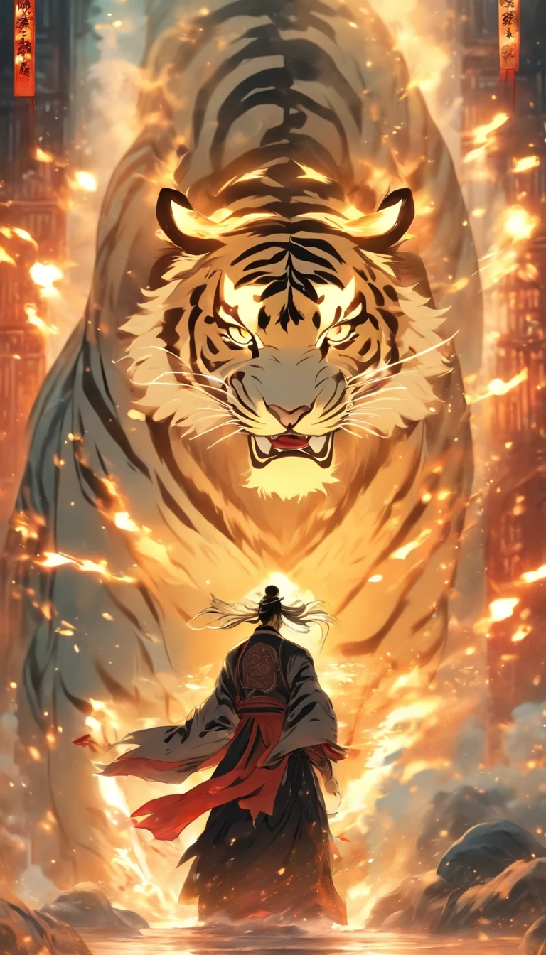 China-style,中景 the scene is,The Taoist priest stood in front of the roaring giant white tiger,(((White tiger))),Stretch your hands,Long messy hair,Glow effects,Hyper-realistic,Ultra photo realsisim,Chinese black and white ink style,(((white colors))),Decolorization,Smudge,ink,8K,super-fine,high qulity,(((OC renderer)))