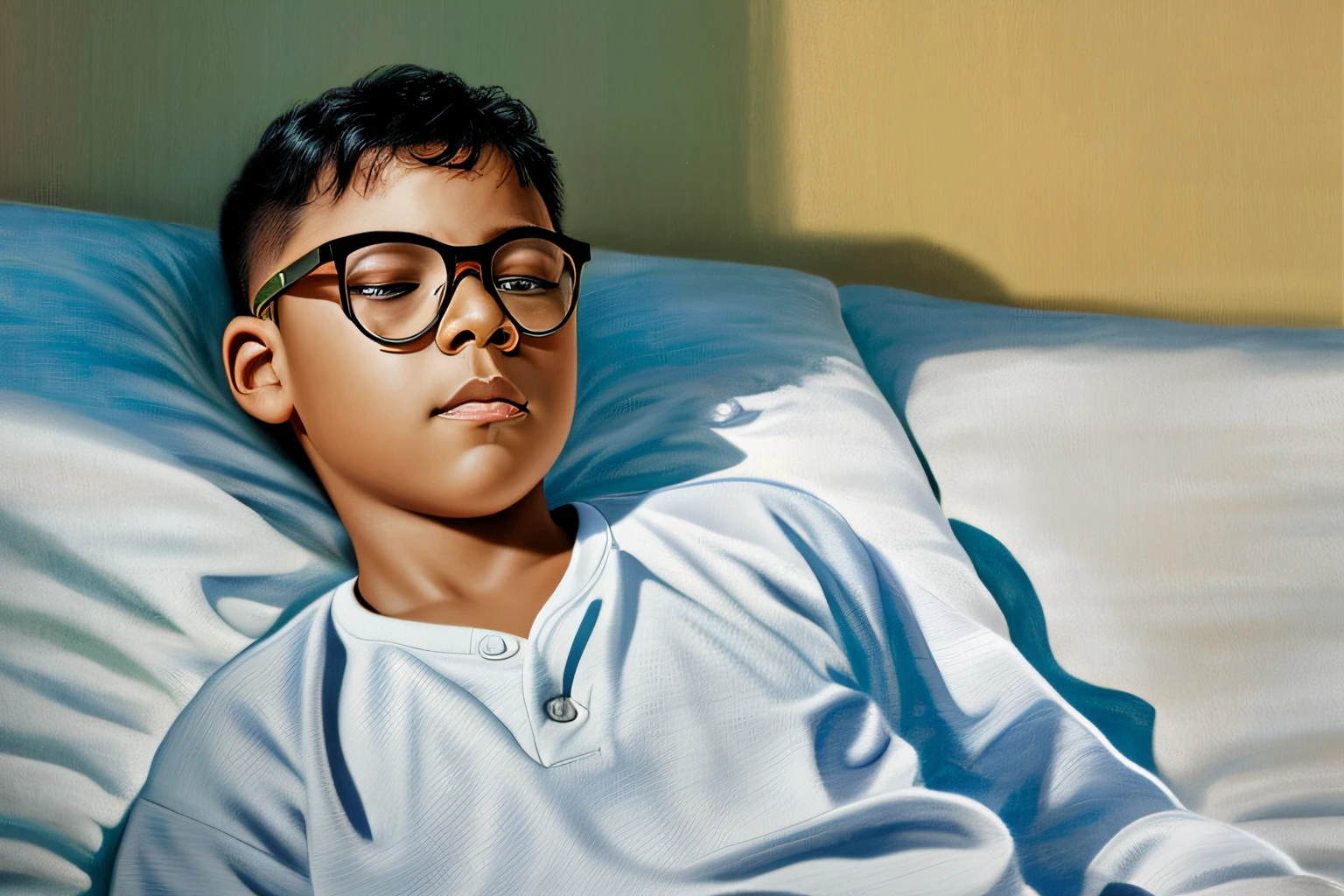 guttonerdvision3, Create an illustration that portrays a 3--old  wearing glasses, with a detailed face and skin. He is dressed in a child's pajamas and is shown kneeling on the floor beside his bed. His elbows are resting on the mattress, and his hands are clasped together in a prayer position. His eyes are closed, indicating that he is deep in prayer.

From above, a bright celestial light shines down on the boy, creating a heavenly and ethereal atmosphere. The light illuminates his face, emphasizing the tranquility and serenity of his prayerful state. Use subtle shading and highlights to enhance the luminosity of the celestial light, giving it a radiant and otherworldly quality.

Pay close attention to the intricate details of the boy's face, capturing the expression of peace and devotion. Show the subtle contours of his skin, the reflection of the light in his glasses, and the texture of his pajamas. Use Alex Ross's signature style to bring realism and depth to the illustration.

Surround the boy with elements that reinforce the celestial atmosphere. You can include soft clouds or heavenly rays in the background to further enhance the sense of divine presence. Keep the color palette light and ethereal, with gentle shades of white, gold, and pastel tones.

Incorporate Alex Ross's artistic approach by paying attention to realistic rendering, meticulous attention to detail, and capturing the emotional depth of the scene. The final illustration should evoke a sense of reverence and spirituality, with the boy's prayer being answered by the celestial light shining upon him.

Please note that as an AI text-based model, I can't generate visual illustrations directly. However, I have provided a detailed description that can serve as a guide for an artist to create the desired illustration in Alex Ross's style.