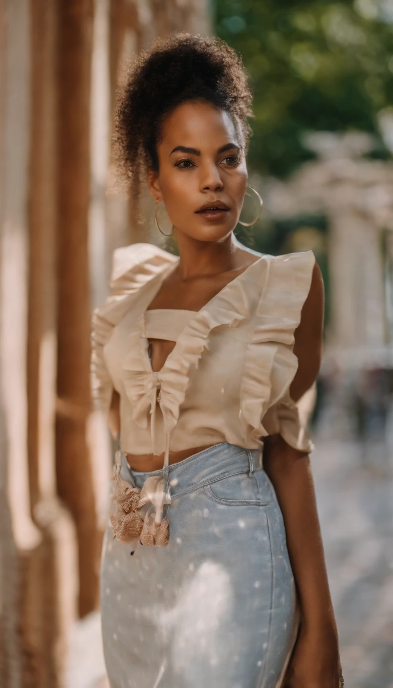 uma mulher loira bonita com cabelo cacheado, olhos azuis, pele branca, in summer clothes, em um bar, corpo inteiro, forma do corpo ampulheta