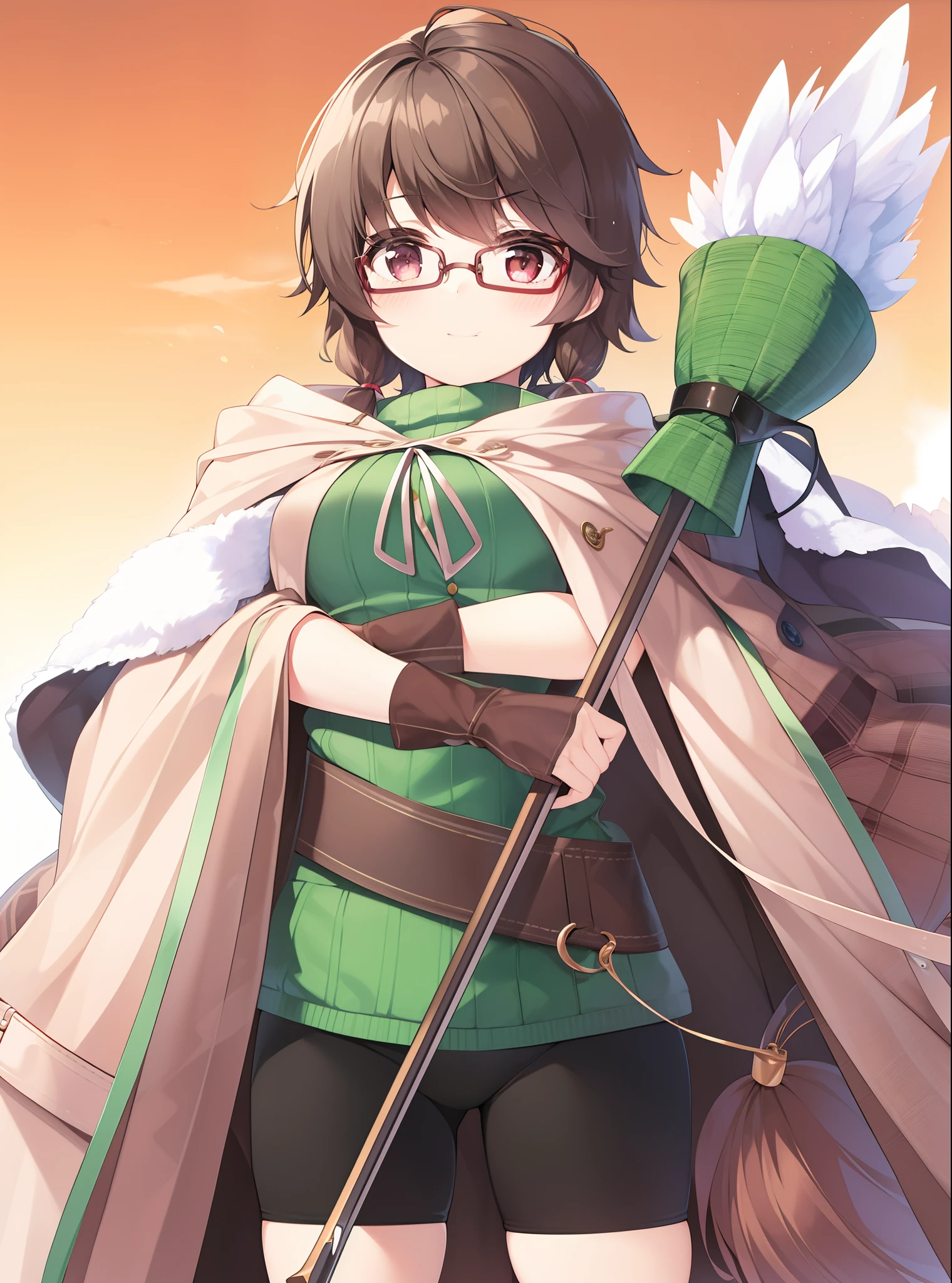best quality, ultra high res, 1girl, usami sumireko, short hair, low twintails, brown hair, fedora, cape, plaid skirt, plaid vest, (rimless eyewear:1.2)
