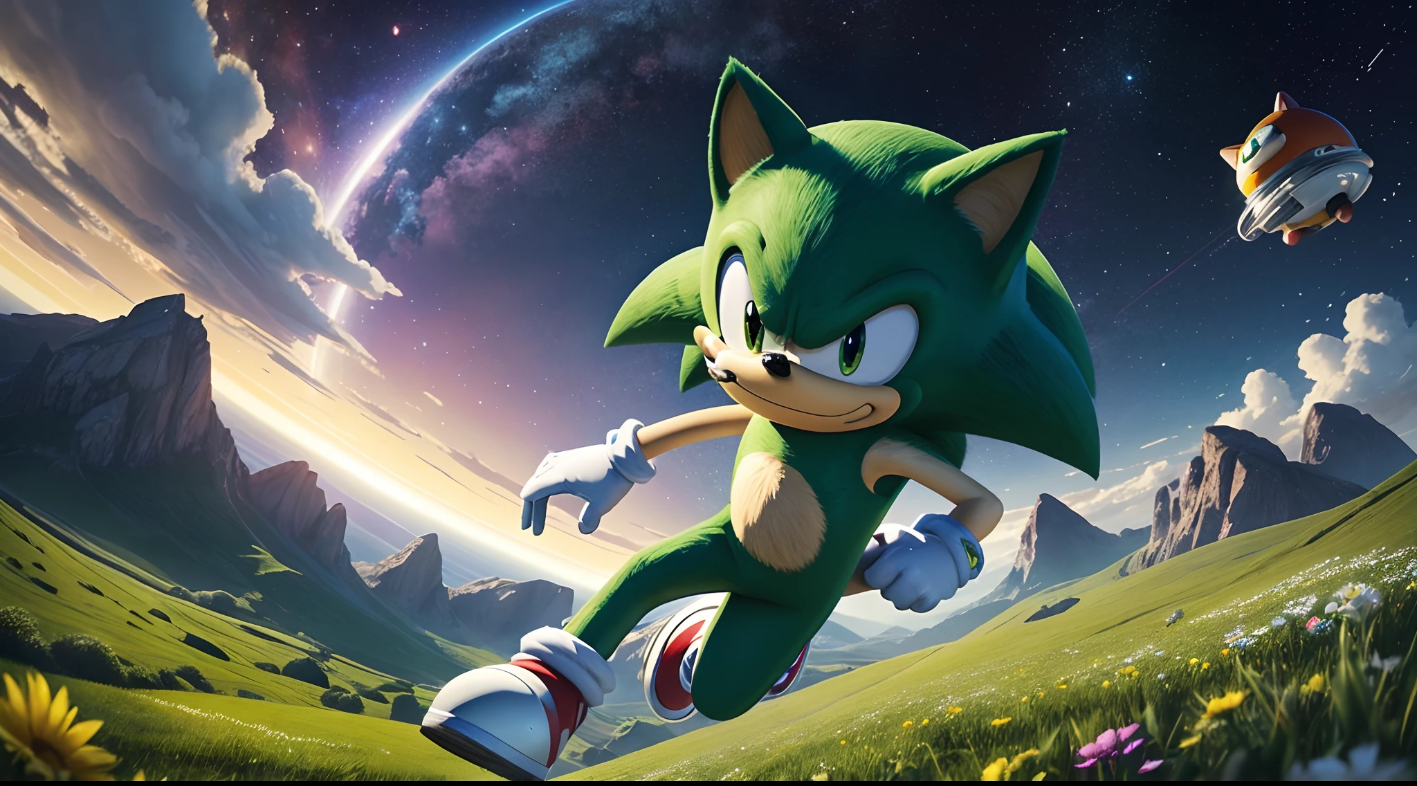 Sonic is a character from the famous video game! He is a green hedgehog, capable of running super fast and doing many loops in space. Sonic is very agile and loves to adventure around the world against his enemies Dr. Robotnik. He has hair like a meadow field and is always ready for new adventures. Sonic is a legendary and beloved character!
