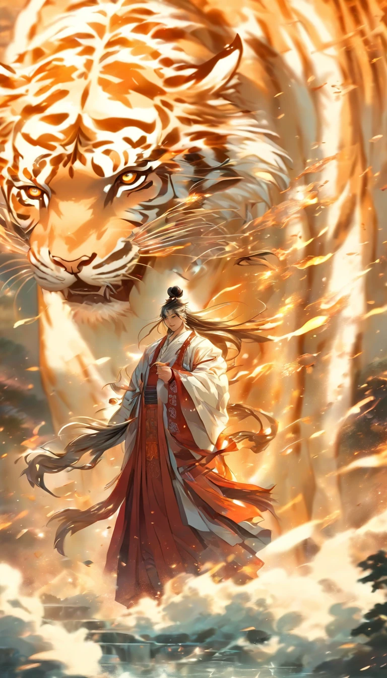 China-style，中景 the scene is，The Taoist priest stood in front of the roaring giant white tiger，（（（White tiger））），Stretch your hands，Long messy hair，Glow effects，Hyper-realistic，Ultra photo realsisim，Chinese black and white ink style，（（（white colors））），Decolorization，Smudge，ink，8K，super-fine，high qulity，（（（OC renderer）））