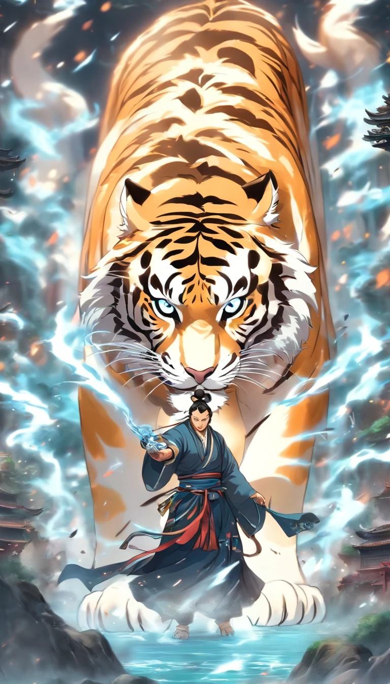 China-style,中景 the scene is,The Taoist priest stood in front of the roaring giant white tiger,(((White tiger))),Stretch your hands,Long messy hair,Glow effects,Hyper-realistic,Ultra photo realsisim,Chinese black and white ink style,(((white colors))),Decolorization,Smudge,ink,8K,super-fine,high qulity,(((OC renderer)))