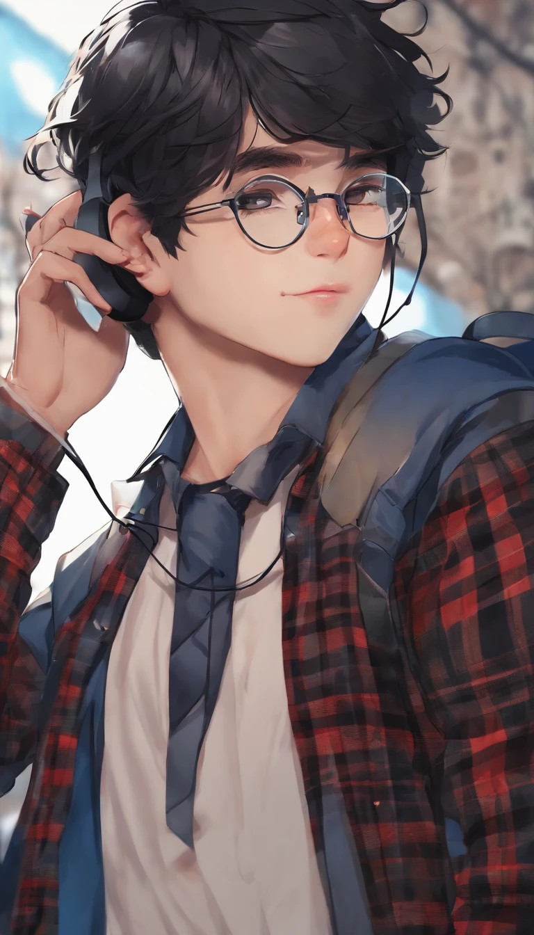boy with round glasses and tall,.wearing blue check shirt, mastash, black hair, gaming, background discord website. with headpphone