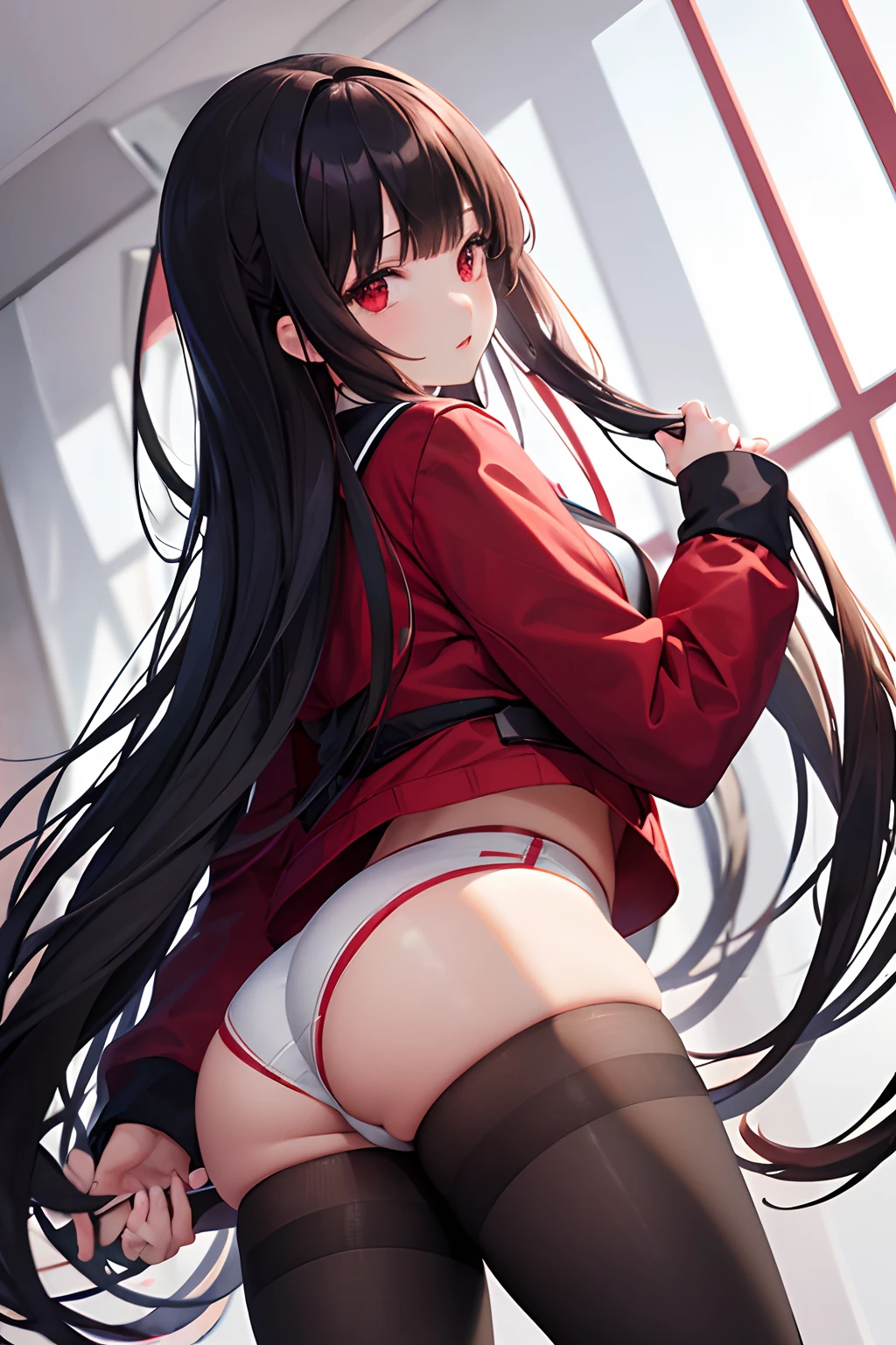 hmjy1, long hair, blunt bangs, red eyes, school uniform, red jacket, black pantyhose, white shirt, black ribbon, pleated skirt, long sleeves, beautiful illustration、topquality, Show white panties, big hips, big ass, tetas grandes, Milf, naked ass