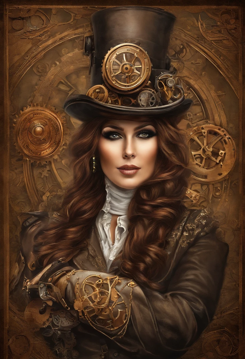 There was a man in a steampunk hat，Woman with a gun., steampunk girl, wearing steampunk attire, age inventor steampunk, (steampunc), ( steampunc ), In steampunk style, steampunc, steampunk fiction, steampunk aesthetic, Beautiful steampunk goddess, steampunk beautiful anime woman, steampunc, Fantasia steampunk, estilo de fantasia steampunk, Steampunk art, steampunk digital art, Steampunk clothing