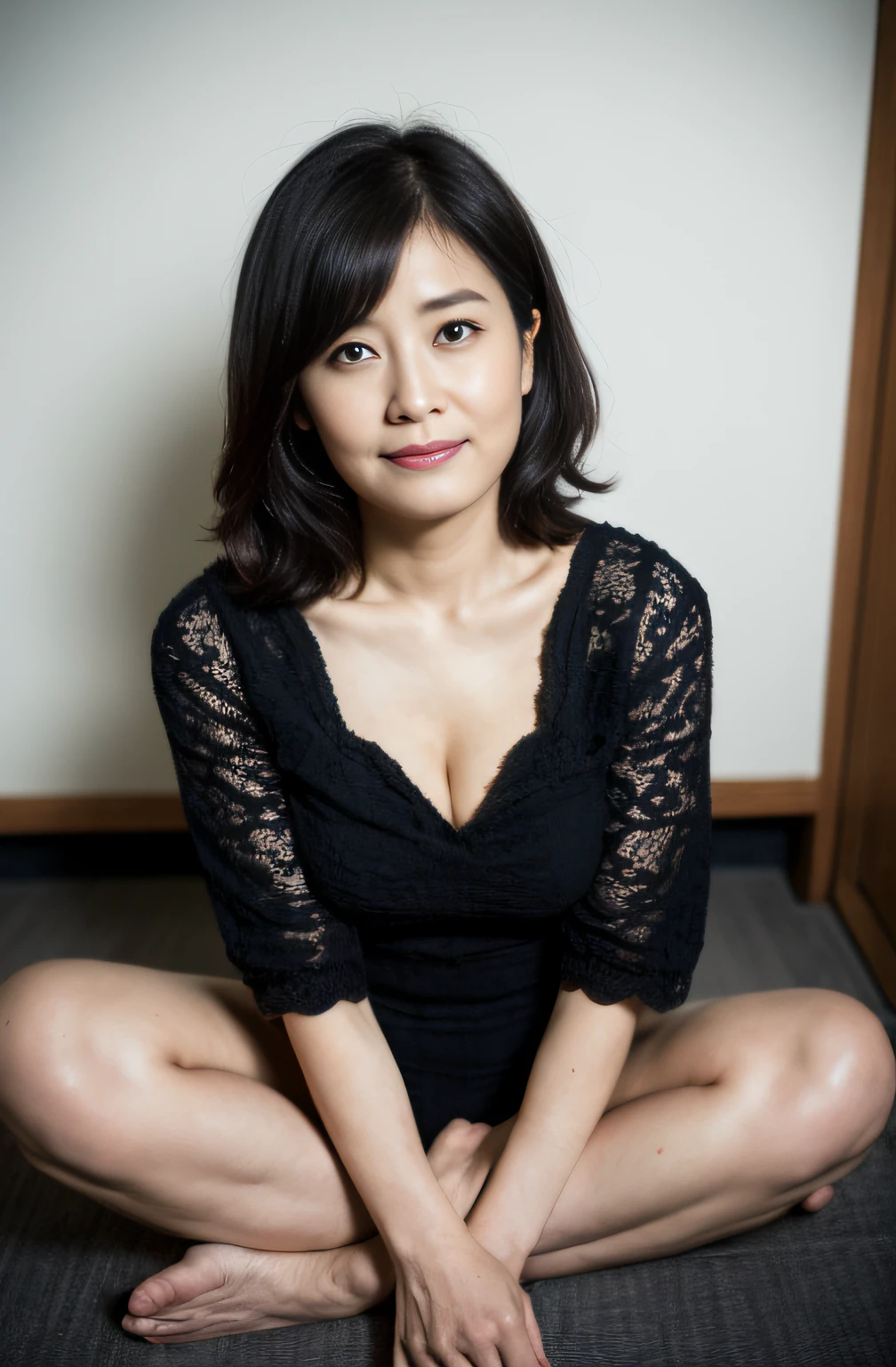 ((Best Quality, 8k, Masterpiece, Portrait: 1.3)), (looking at viewer),Photorealistic, Sharp Focus, Solo, Japan Milf, Beauty, Clothes with Cleavage View, 30 Years Old, Wavy Hair, Wrinkles at the Corners of the Eyes, ((Open your legs wide:1.5, Sit one knee up:1.5, show crotch)), (loose waist:0.5), darkness nobody room,