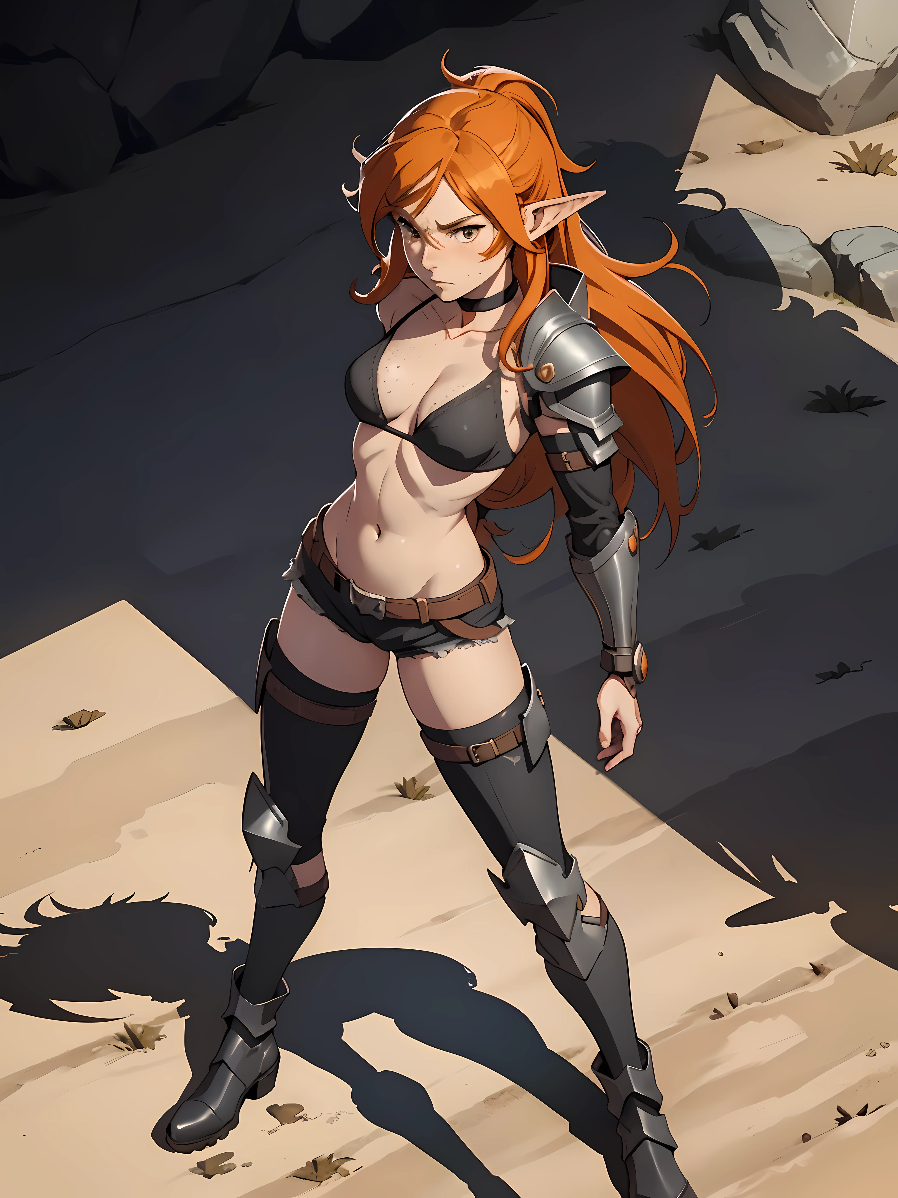 small breasts, bikini top, shorts, (mature face:1.4),  long hair, orange hair, elf, choker, goth boots, armor, freckles, anime style, (dynamic shadow:1.4)