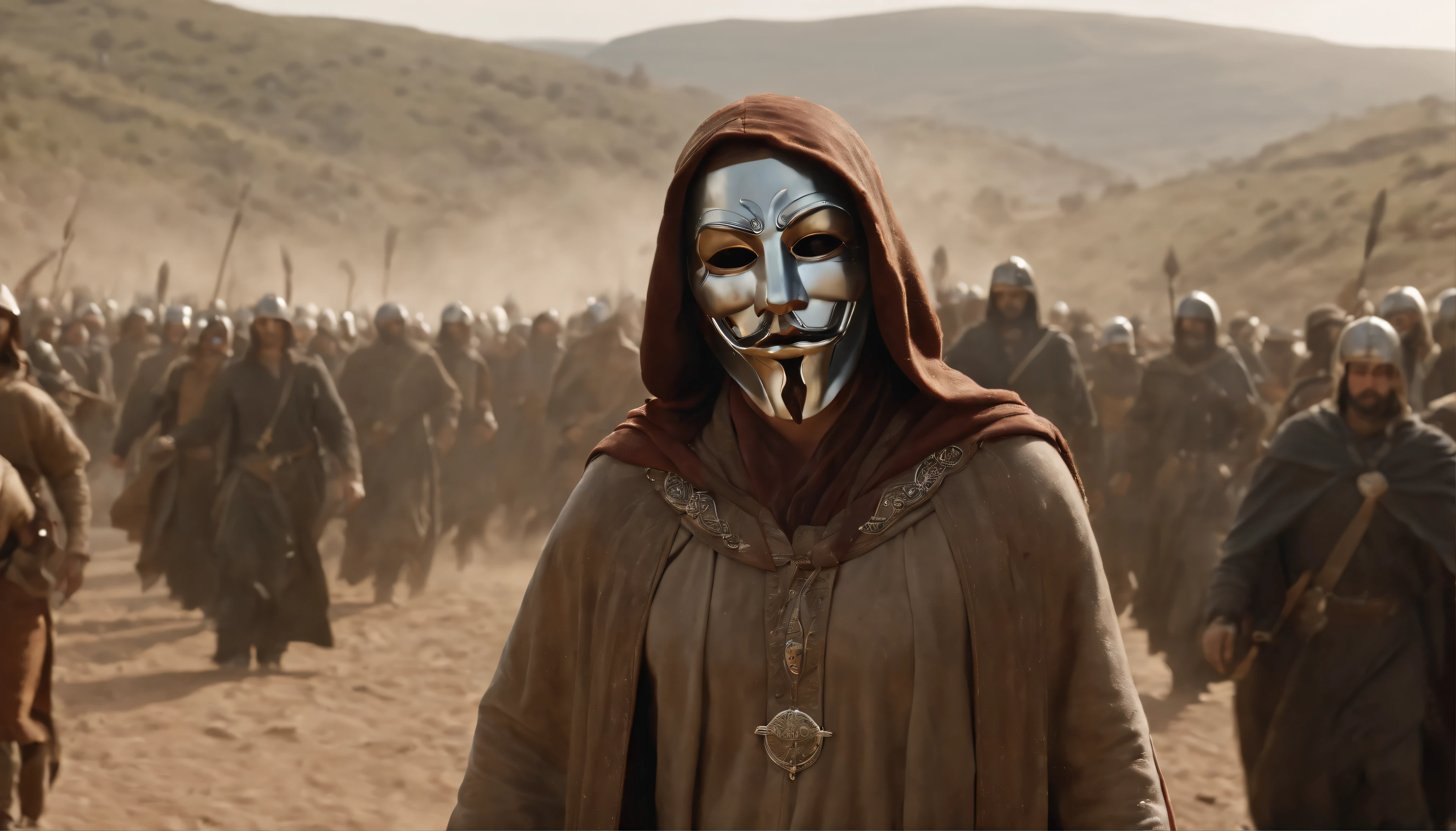 (Renderizado 3D profesional:1.3) de (realista:1.3) The most beautiful artistic photo in the world,soft features, Brilliant male heroes, ((Crowds gather with Jesus in the dusty hills of Judea, in dynamic pose, Fantastic location, Majestuoso entorno desordenado)), Renderizado de unidades 8K de cuerpo completo, action shot, poros de la piel, very dark lighting, sombreado pesado, detallado, cara detallada, (Vibrante, realistic photograph, realista, dramatic, Oscuro, foco nítido, 8k), (Old leather clothes damaged by bad weather:1.4), ((((Wear masks)))), (intrincado:1.4), decadente, (Altamente detallado:1.4), Pintura digital, Renderizado por Octane, Estaciones de arte, Concepto-Arte, liso, foco nítido, illustration, germen del arte, (loish:0.23), WLOP Ilya Kuvshinov, e Greg Rutkowski e Alphonse Mucha Gracias, (global ilumination, Studiolight, Light Volumetric), fuertes lluvias, particles floating, LotR, fantasy, Nuestro, Cuerpo inteiroesbian, ((Fondo oscuro y antiguo de la ciudad:1.3)),CGSesociedade,Estaciones de arte
