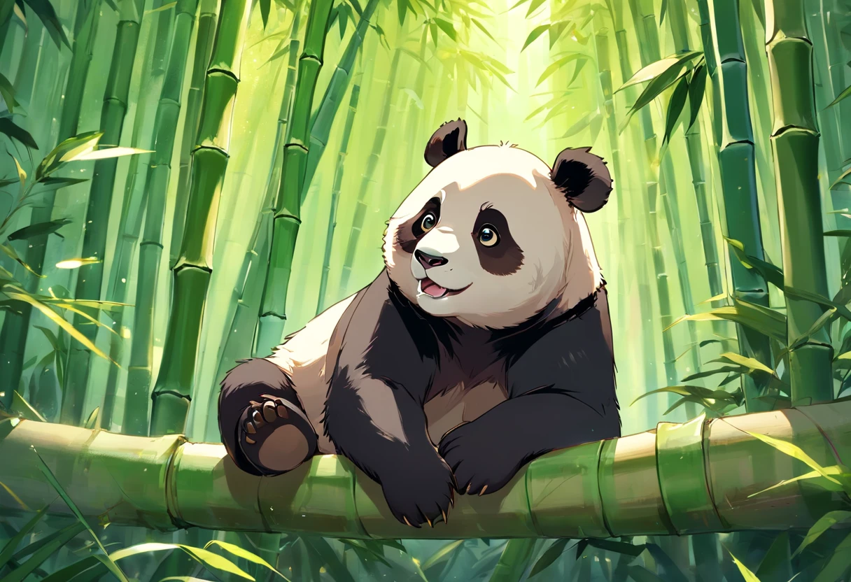 Panda bear sitting on a tree with leaves and branches, Cute giant panda, panda, highly detailed digital painting, Cute panda, Yang J, highly detailed digital painting, Digital Charming Painting, "Portrait of a cartoon animal, In the bamboo forest, Stage Director: Liang Kai, Beautifully detailed digital art, by Ni Tian, Tian Dei, high quality digital painting, perfect eyes, Eyes open, brown eye, A little happy, with a piece of bamboo in your mouth with a piece of leaf at the end of the bamboo,