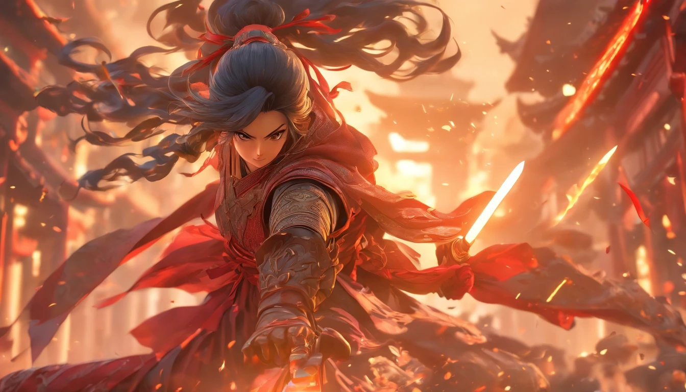 中景 the scene is，Chinese ink style，Smudge，Female general，Wielding an oversized combat knife is one person tall，Dark，Flowing and chic，Ancient armor，Combat boots，（Full body like：1.5），Chang'an Avenue，ventania，8K，（（super-fine）），Hyper-realistic，（（（OC renderer）））