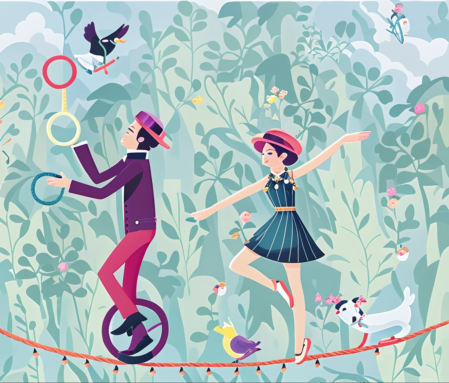 Image of a man and a woman on a tightrope with a dog and a bird, fabulous illustrations, illutstration, illustration!, funny illustration, Directed by: Tatiana Hordiienko, ilustrado em estilo caprichoso, Directed by: Yanagawa Nobusada, childrens illustration, Directed by: Martina Krupičková, por Paul Bird, Directed by: Zsuzsa Máthé