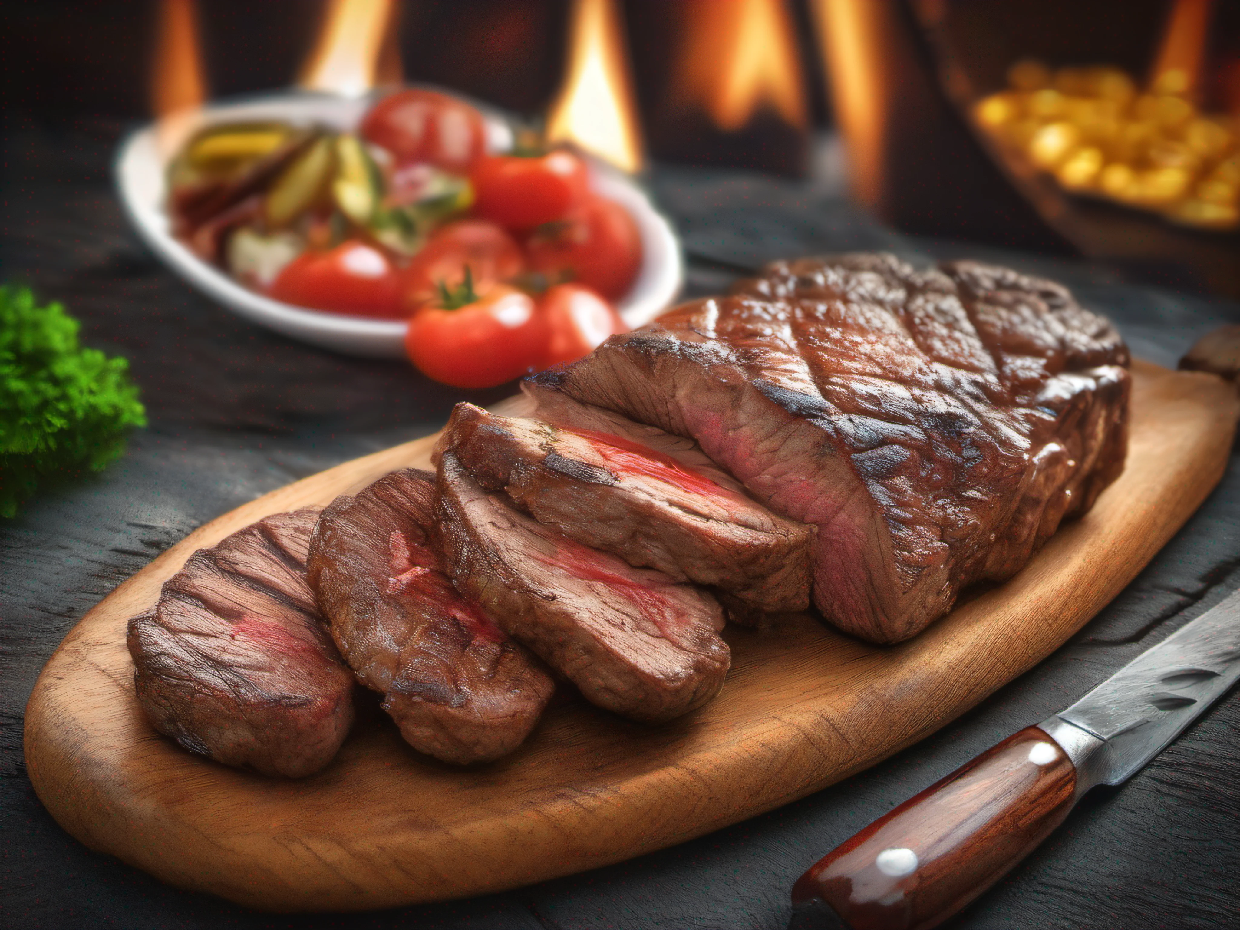 ((top quality, 4k, masterpiece: 1.3), highest quality, masterpiece, ultra high resolution, (photorealistic: 1.4), highly detailed, professional lighting, meat dishes, steak, wine, black table, vegetables, beer, browning, spices, --auto --s2