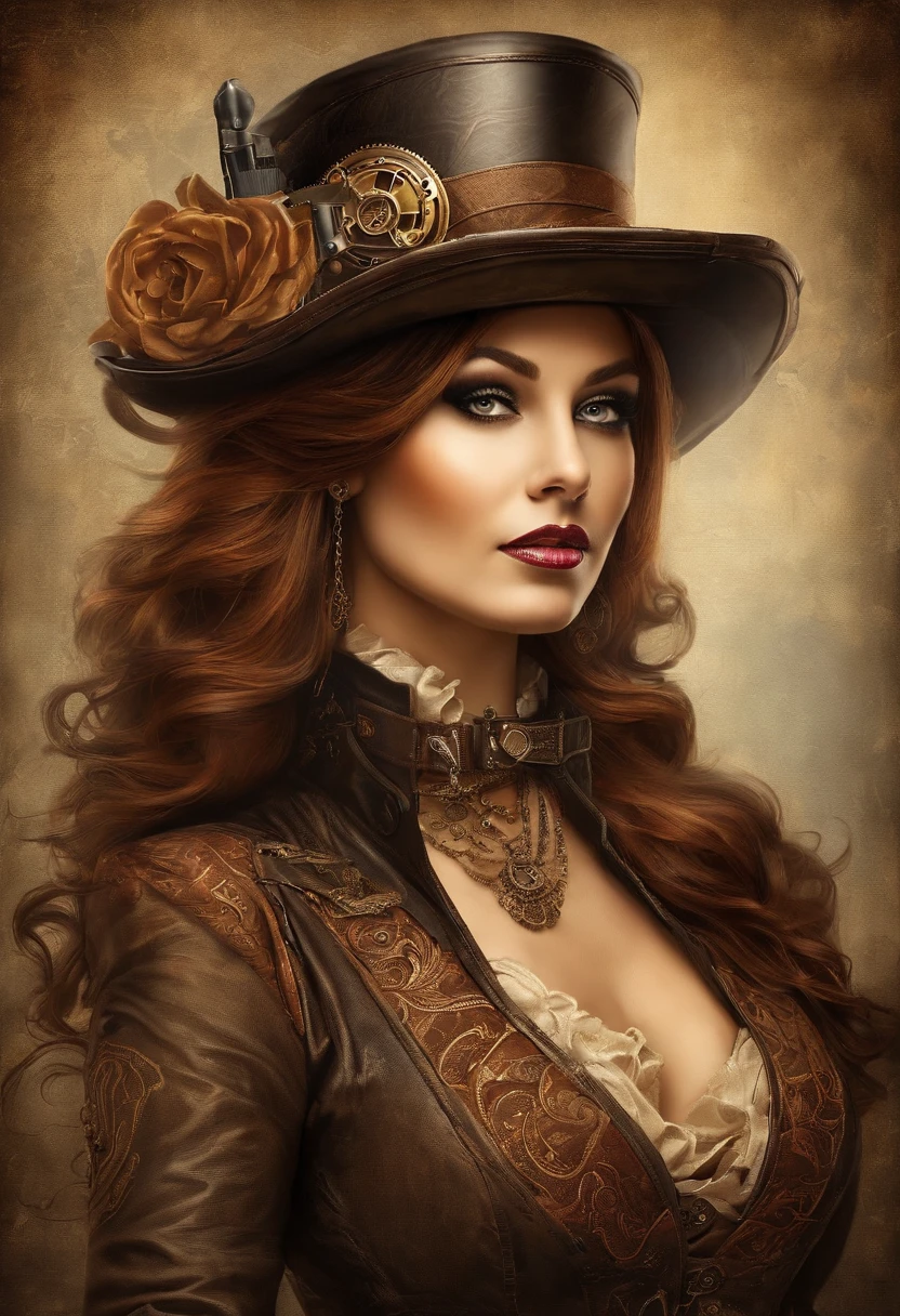 There was a man in a steampunk hat，Woman with a gun., steampunk girl, wearing steampunk attire, Teenage inventor steampunk, (steampunc), ( steampunc ), In steampunk style, steampunc, steampunk fiction, steampunk aesthetic, Beautiful steampunk goddess, steampunk beautiful anime woman, steampunc, Fantasia steampunk, estilo de fantasia steampunk, Steampunk art, steampunk digital art, Steampunk clothing