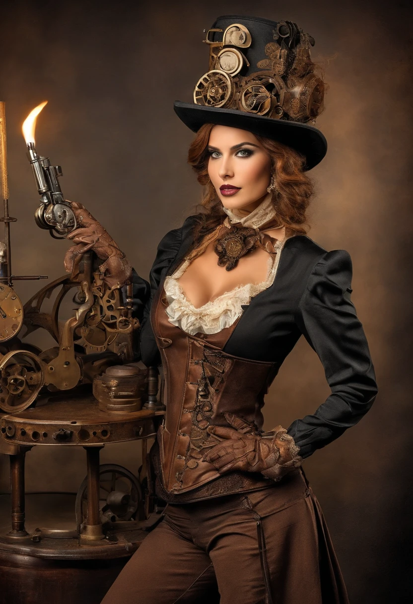 There was a man in a steampunk hat,Woman with a gun., steampunk girl, wearing steampunk attire, age inventor steampunk, (steampunc), ( steampunc ), In steampunk style, steampunc, steampunk fiction, steampunk aesthetic, Beautiful steampunk goddess, steampunk beautiful anime woman, steampunc, Fantasia steampunk, estilo de fantasia steampunk, Steampunk art, steampunk digital art, Steampunk clothing