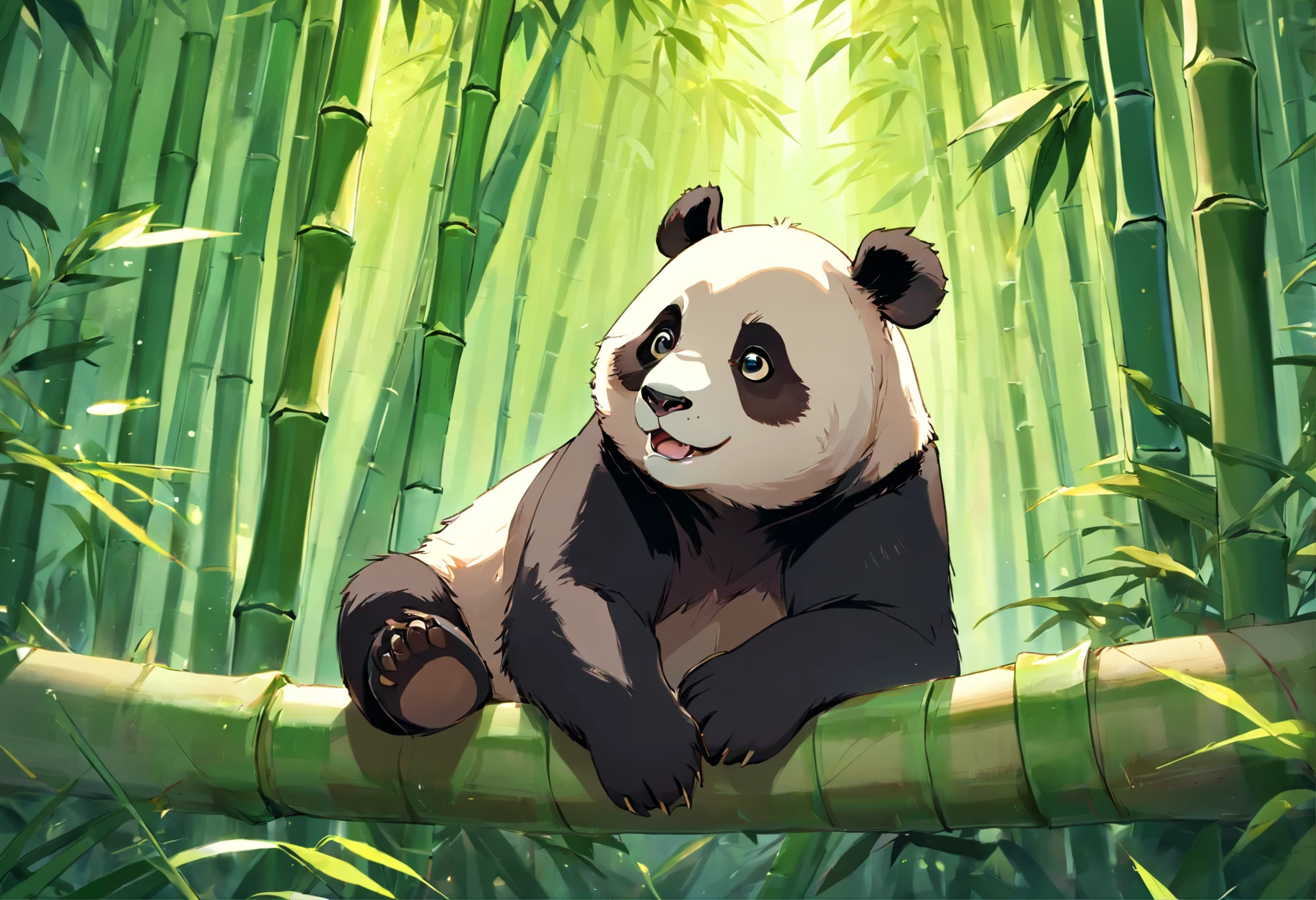 "A highly detailed close-up illustration of a panda lounging against a tree, holding a cigarette in one paw while surrounded by swirling clouds of smoke. The panda has a peaceful, happy smile, clearly enjoying the moment. The background includes a softly lit, misty forest with shadows and smoke creating a dreamy atmosphere."