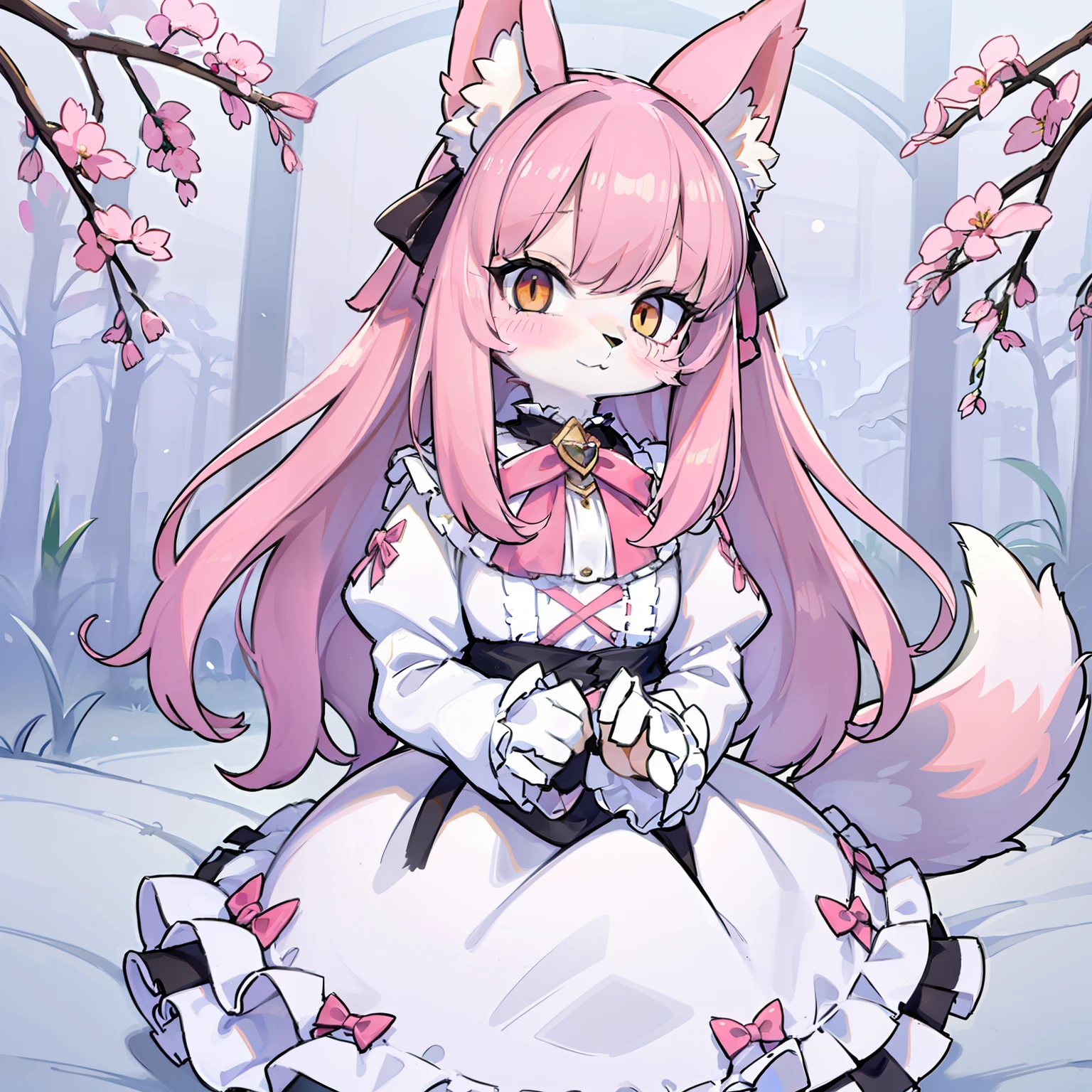 chiquita、Beastman、kawaii、lolita、Image colors of pink and white、Fox ears、Fox tail、Clothing with a lot of frills、skirt by the、Many ribbons、kawaii、lolita、chiquita、Beastman、length hair、Lowered hair、Clothes with a lot of frills、Image colors of pink and white、yellow  eyes、Pink and white Lolita clothes、Clothes with a lot of frills、Many ribbons、cute little、Fox ears、Fox tail、Beastman、furry、Pink and white fur、((Pink and white Lolita clothes:1.2))、Pink and white fox ears、Pink and white tail、Pink and white fur、Pink and white Lolita、Clothes with a lot of frills、Clothes with a lot of ribbons、chiquita、Beastman、Pink and white fur、yellow  eyes、