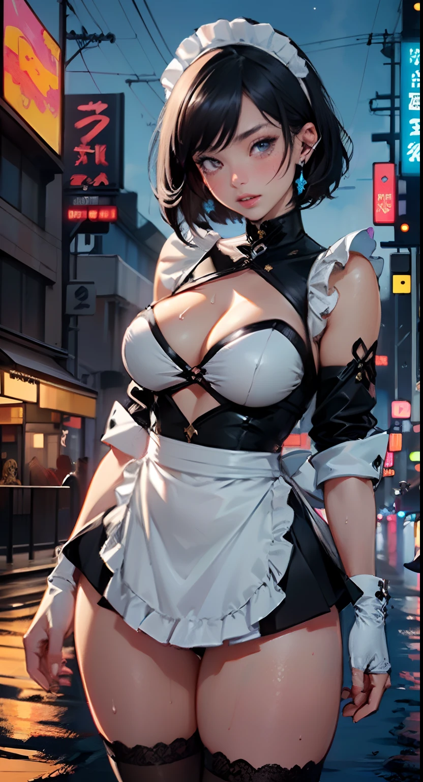 maid girl,(((1girl))),((maid girl with extremely cute and beautiful black hair)),
(large breasts:1.4),bountiful breasts,fluffy breasts,H cup bust,bust up,bulging bust top,(((black bob hair:1.35,colored inner hair,short hair,ear breathing))),(((heterochromia:1.5,eye1 blue,eye2 purple))),intricate eyes,beautiful detailed eyes,symmetrical eyes,big eyes:1.3,((fat)),(((lustrous skin:1.5,bright skin: 1.5,skin tanned,shiny skin,very shiny skin,shiny body,plastic glitter skin,exaggerated shiny skin,illuminated skin,wet legs))),(spider lower abdomen,narrow waist,wide hip,athletic body,inflated legs,delicate detailed fingers,detailed body,human hands,(detailed face)),
cute,slutty,seductive,erotic,((nsfw)),
zettai ryouiki,(maid headdress),maid uniform,Headdress,(maid),sleeveless,mini skirt,boots,cleavage cutout,bare legs,clothes with a lot of lace frills,((wet clothes,intricate outfit,intricate clothes)),
(dynamic pose:1.0),solo focus,embarrassed,blush,sweat,((tears,open mouth)),moist eyes,(centered,scale to fit dimensions,Rule of thirds),
cyberpunk city by the ocean at night, with bright neon signs and dark stormy clouds and puddles, scenery:1.25,
highres, sharp focus, (ultra detailed, extremely detailed), (photorealistic artwork:1.37),(extremely detailed CG unity 8k wallpaper),((synthwave background theme)),(((vibrant colors))),(intricate background),(masterpiece),(best quality),