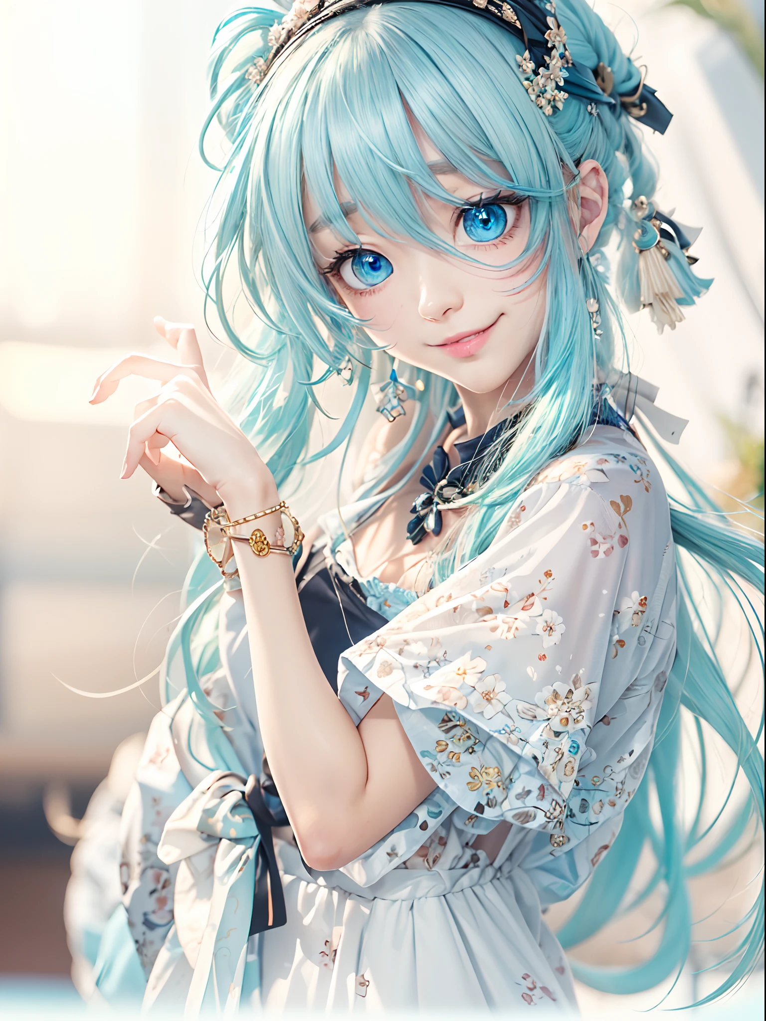 (masterpiece), (best quality), (ultra detailed),(disheveled hair),(illustration), (1girl), standing, smiling, beautiful detailed eyes, light blue eyes, detailed beautiful face, (kamisato ayaka: 1.2), focus on face,  ponytail, kamisato ayaka(genshin impact), light blue hair, detailed hair, bangs, best lighting, best shadow, highly detailed, vibrant