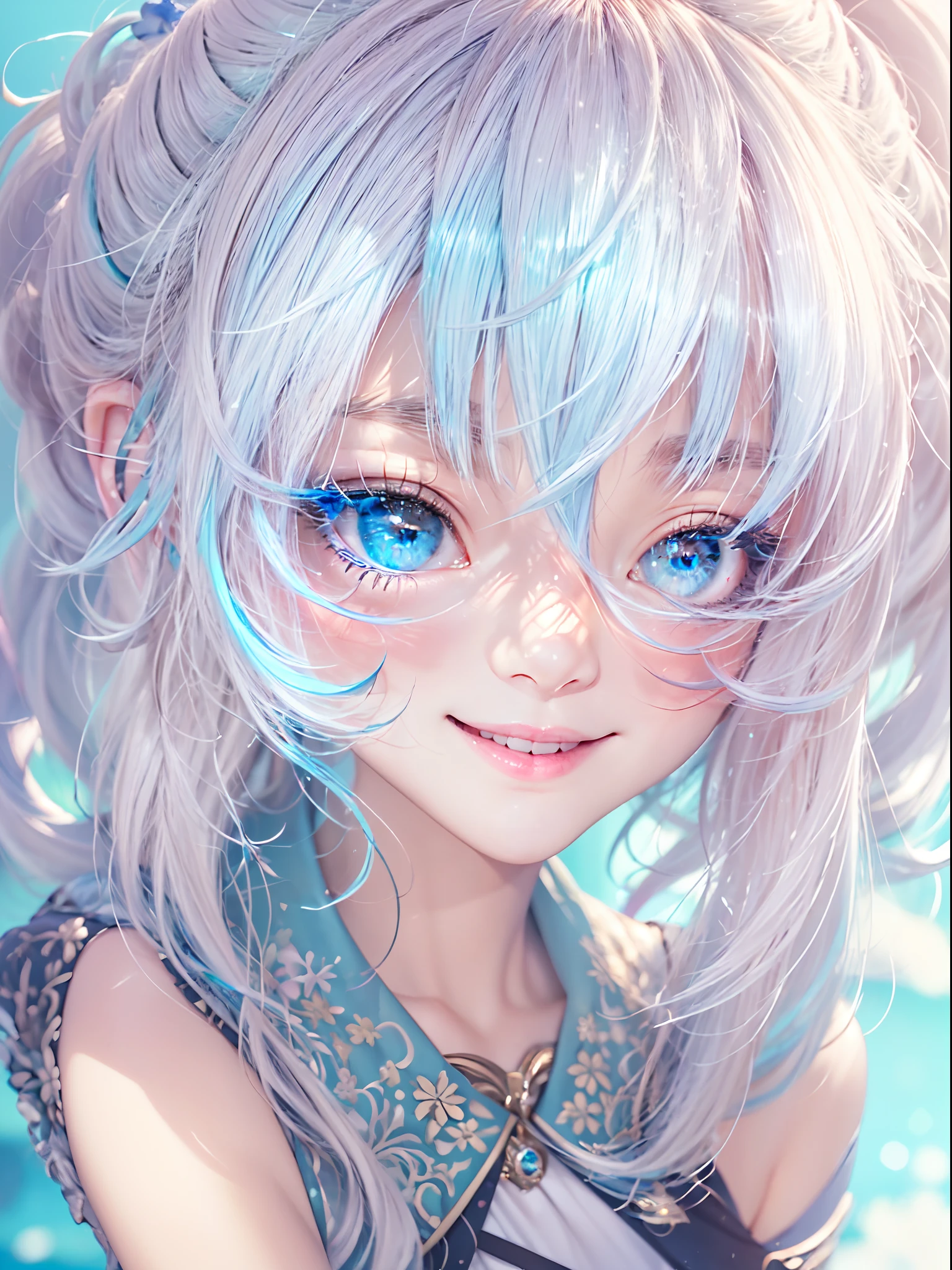 (masterpiece), (best quality), (ultra detailed),(disheveled hair),(illustration), (1girl), standing, smiling, beautiful detailed eyes, light blue eyes, detailed beautiful face, (kamisato ayaka: 1.2), focus on face, ponytail, kamisato ayaka(genshin impact), light blue hair, detailed hair, bangs, best lighting, best shadow, highly detailed, vibrant