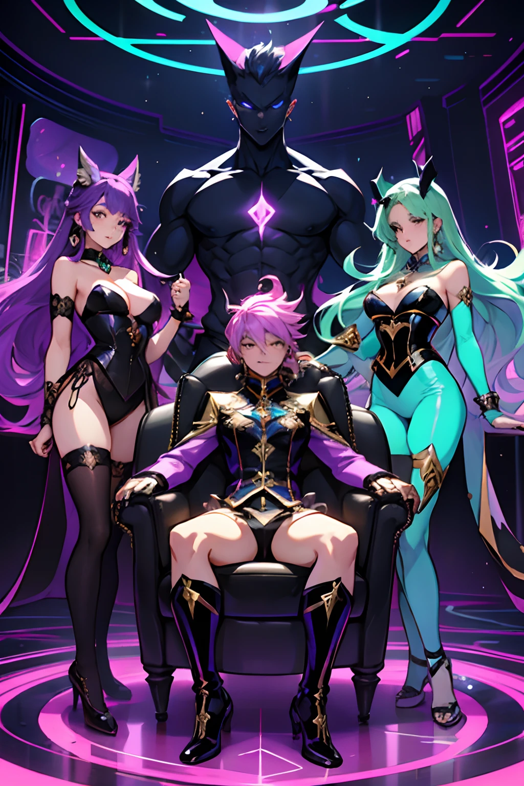 A group of four magical girl-style anime villains in a sort of cosmic lounge, wearing gold and holographic and black clothes with corsets full of chains, Corrupted Star Guardian-style clothes, and in the background a neon chaotic labyrinth, cabelos multicoloridos com cores vibrantes e intensas, corpos bonitos e olhares sexys e maliciosos, rostos perfeitos, poses dinamicas, corpos bonitos, rostos hiper detalhados