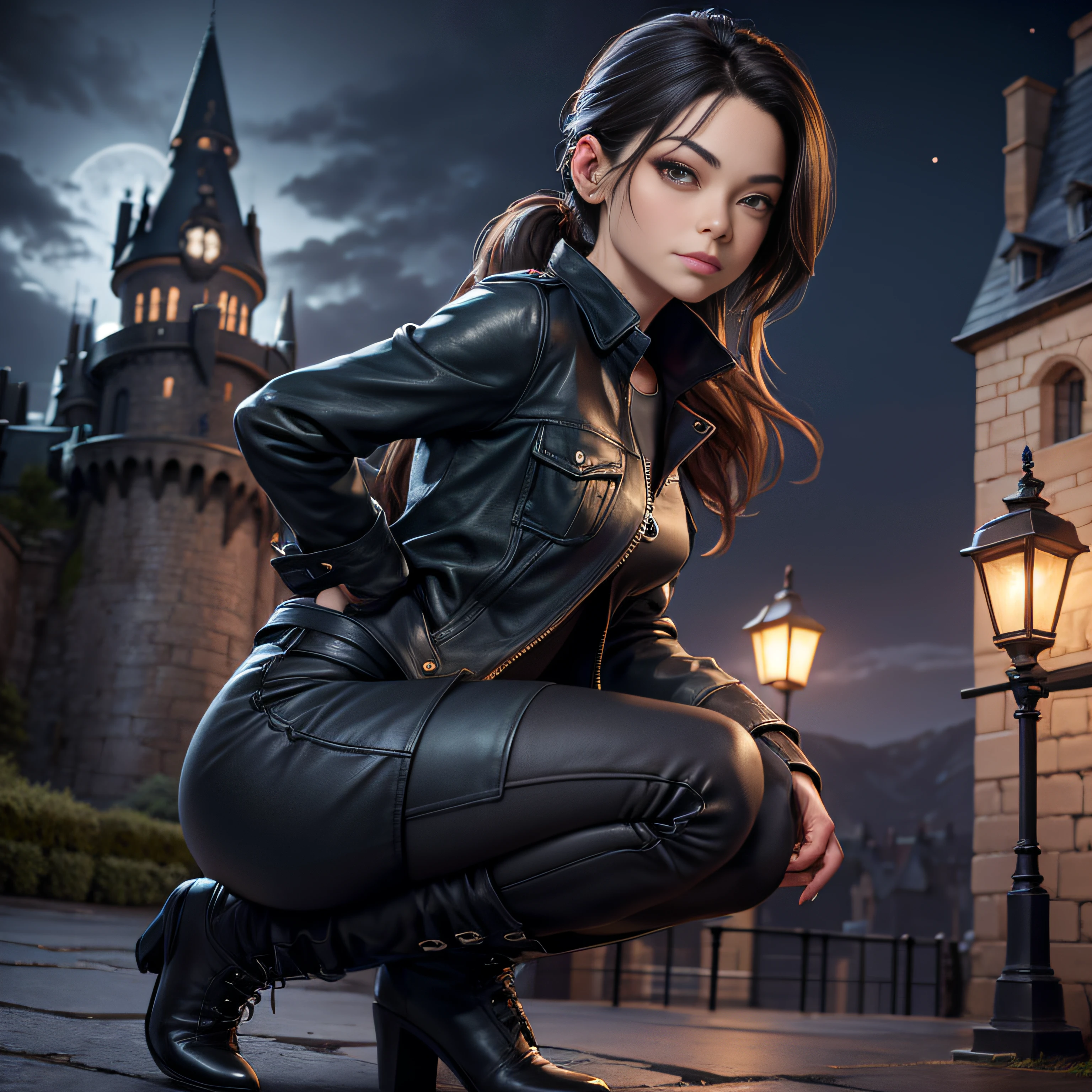 Kristin Kreuk avec blouson en cuir jaune et pantalon de cuir noir et longues bottes en cuir noires. Elle a de longs cheveux bruns. ponytail. beaux yeux verts. Nuit de pleine lune, Hogwarts Castle in the background. Illuminated by moonlight and lamps in the city. Chef d'oeuvre. golden ratio. highly detailed. very wide shot. Very large plan