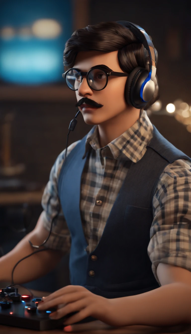(best quality,4k,8k,highres,masterpiece:1.2),ultra-detailed,(realistic,photorealistic,photo-realistic:1.37),boy with round glasses and tall, wearing a blue check shirt, mustache, black hair, gaming, background with Discord website, headphones, vibrant colors, studio lighting