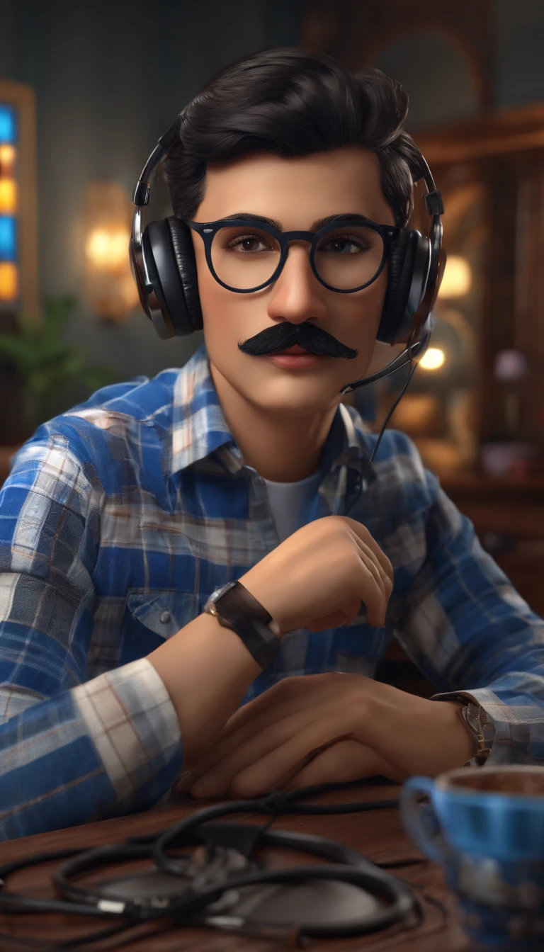 (best quality,4k,8k,highres,masterpiece:1.2),ultra-detailed,(realistic,photorealistic,photo-realistic:1.37),boy with round glasses and tall, wearing a blue check shirt, mustache, black hair, gaming, background with Discord website, headphones, vibrant colors, studio lighting